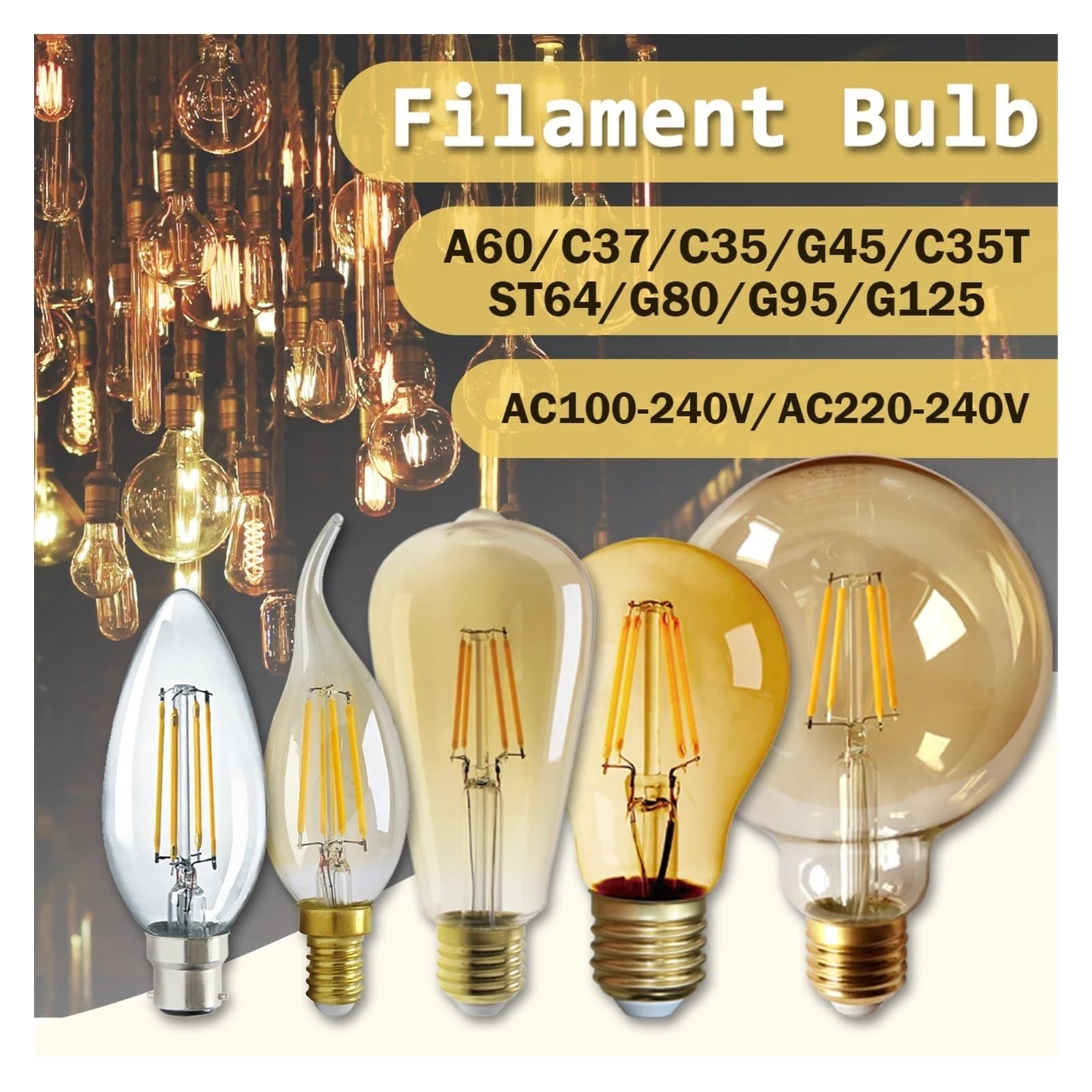 Genérico Bombilla LED de filamento (2 Unidades, E14, E27, C35, C35T, ST64, G80, A60, 220 V, 4 W, 9 W, Blanco cálido, Cristal, 360 Grados, Estilo Vela Retro, iluminación (G95, E27, 2700 K).