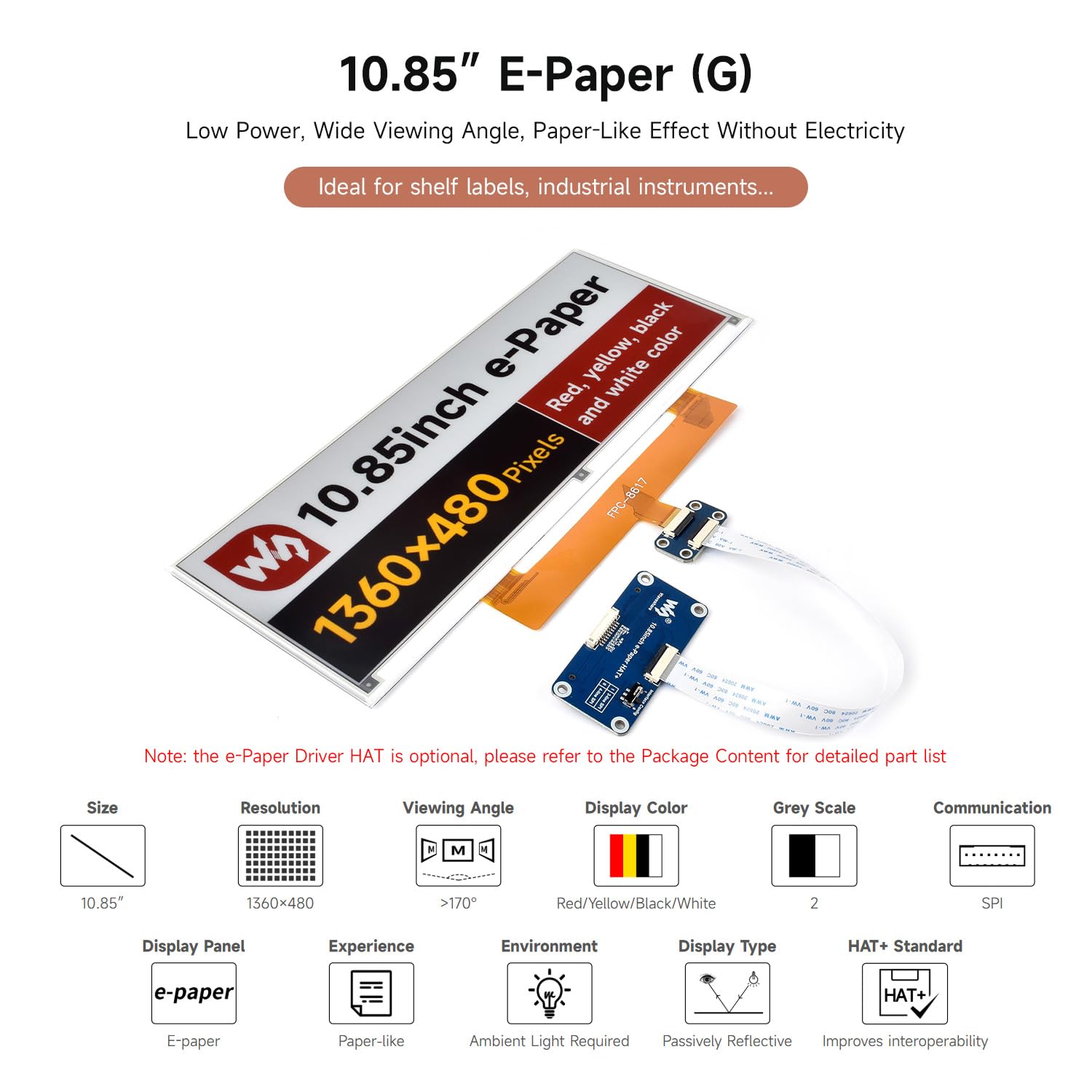 Waveshare 10.85inch e-Paper Display, e-Ink Display, 1360x480, Red/Yellow/Black/White, SPI Interface, E-Paper Only, Without Driver Board