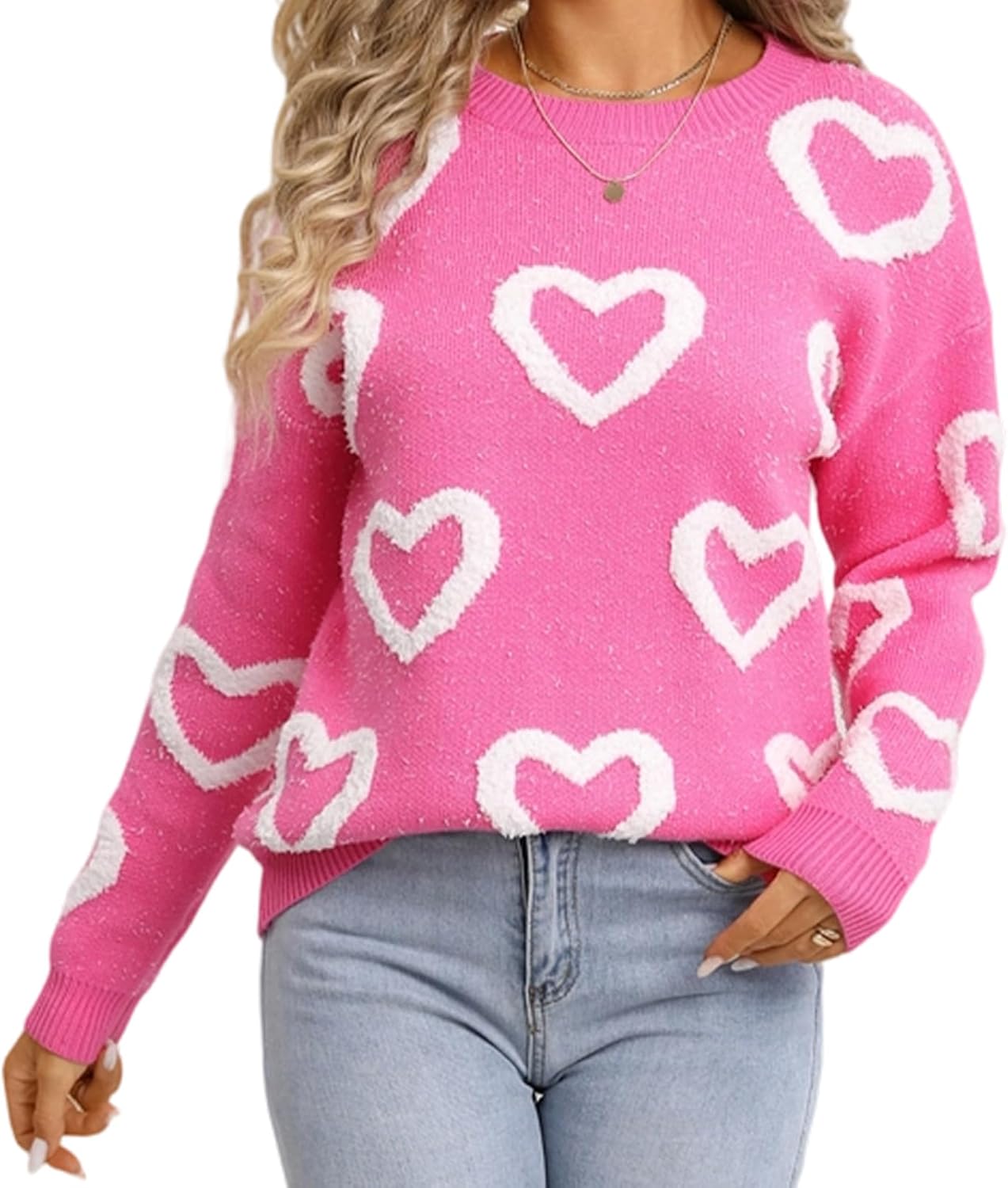 Women Cute Heart Sweater Love Print Valentine Romantic Knitted Top Crewneck Long Sleeve Sweaters Pullover