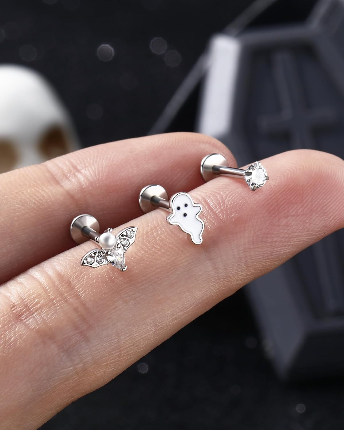 Jewseen 316L Surgical Steel Internally Threaded Flat Back Earrings Set 16G Halloween Tragus Earrings Bat Helix Piercing Jewelry Cartilage Nose Lip Stud for Women Men - Image 4