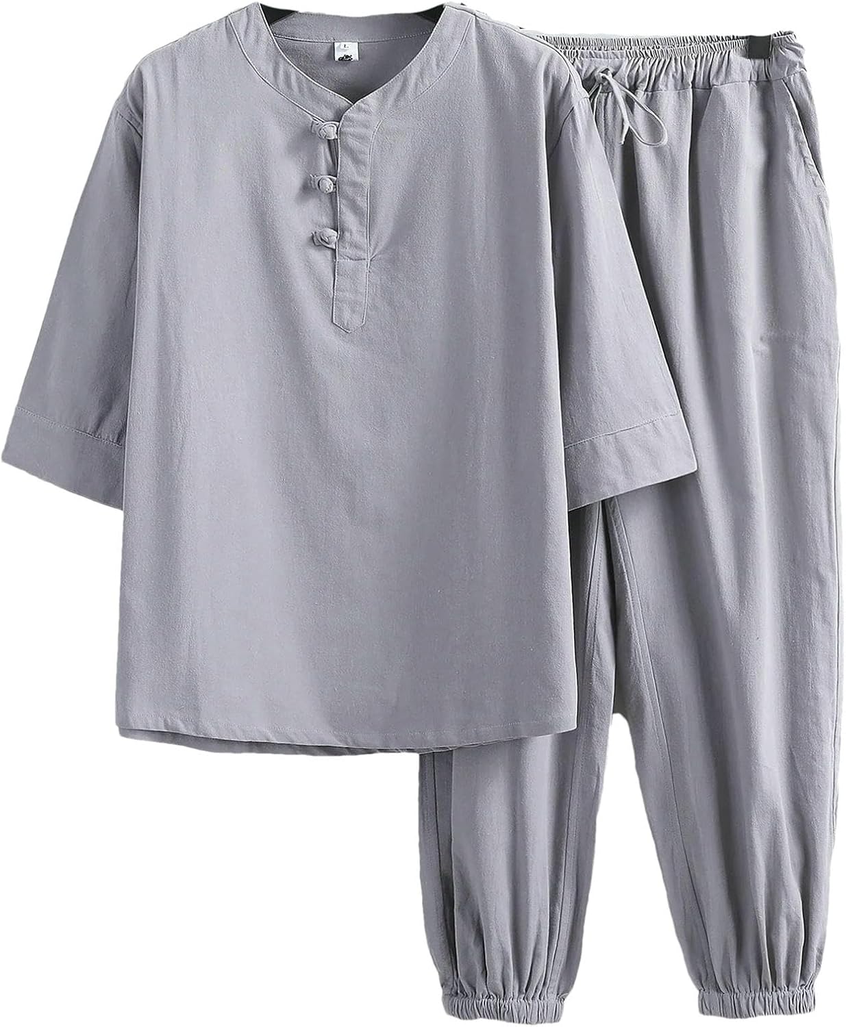 Men Chinese Linen Cotton 2 Piece Set Short Sleeve Henley Shirt Drawstring Pants Lightweight Summer Meditation Suit