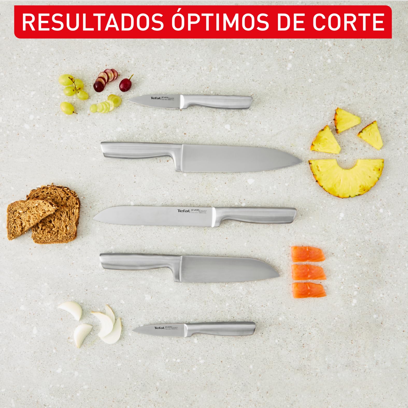 Tefal EverSharp, Set de 5 cuchillos, Bloque con afilador, Acero Inoxidable, Afilado duradero, K2976S04