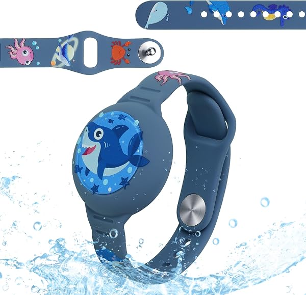 AXFEE Pulsera Compatible con Airtag, 1PCS Pulsera de Silicona para Niños, Funda Protectora Ajustable Antipérdida (Blue Shark, Airtag No Incluido) - 1