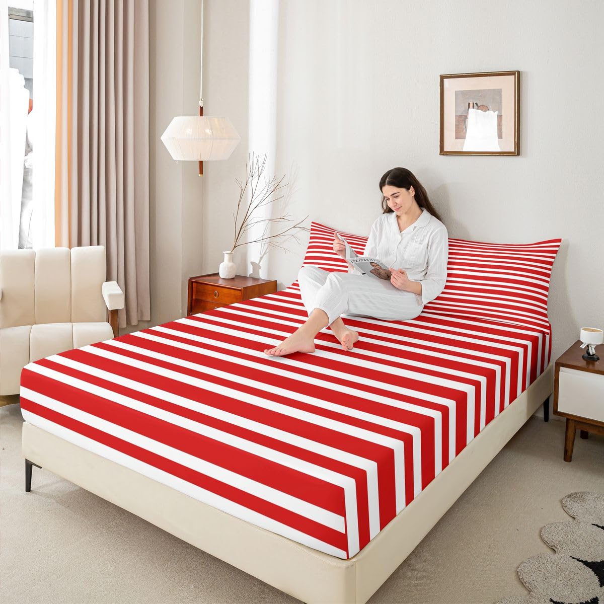 Homemissing Rouge Weiß Gestreift Carreau Drap Housse 180x200cm