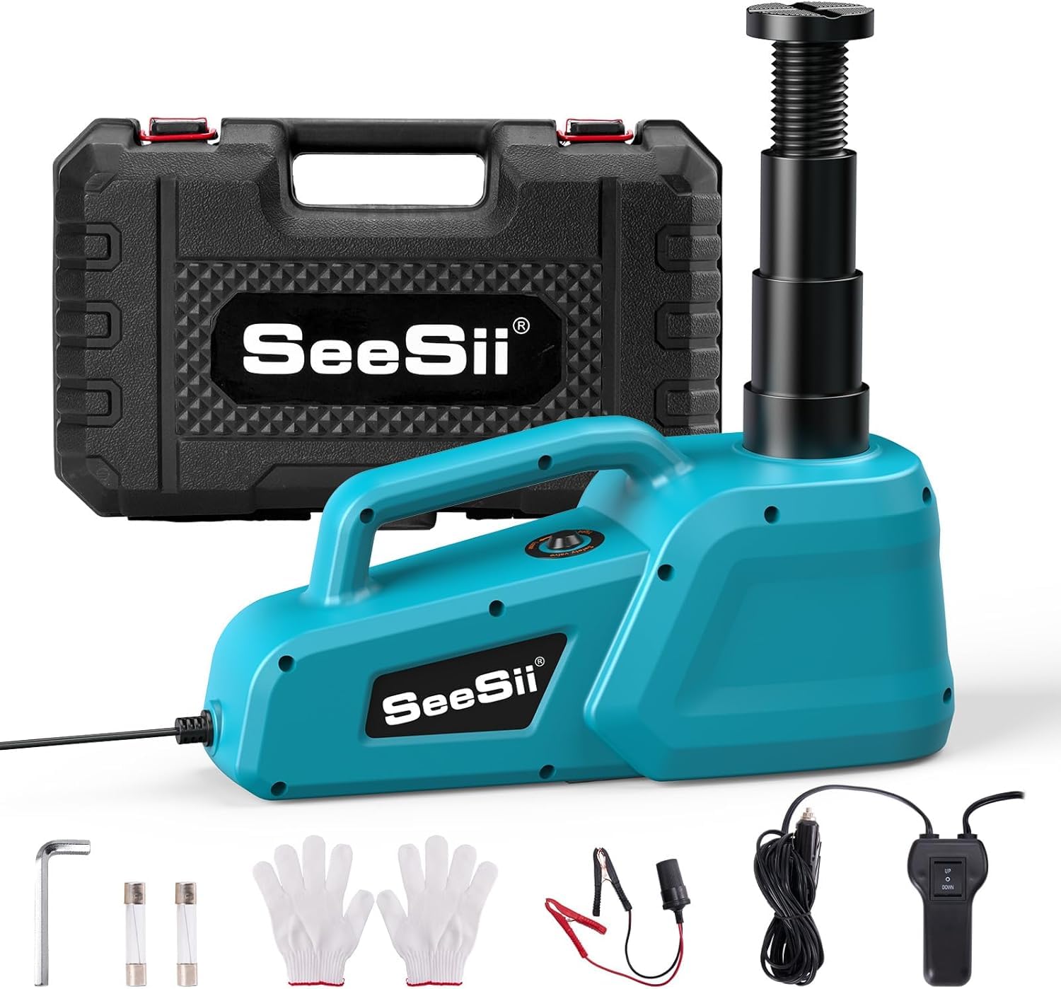 SEESII Gato Hidráulico para Coche: 5T 12 V Gato Eléctrico con Mando a Distancia y Luz LED, 15.5-45 cm de Alcance de Elevación para Cambio de Neumáticos de Coche/SUV/Camión y Reparación en Garaje