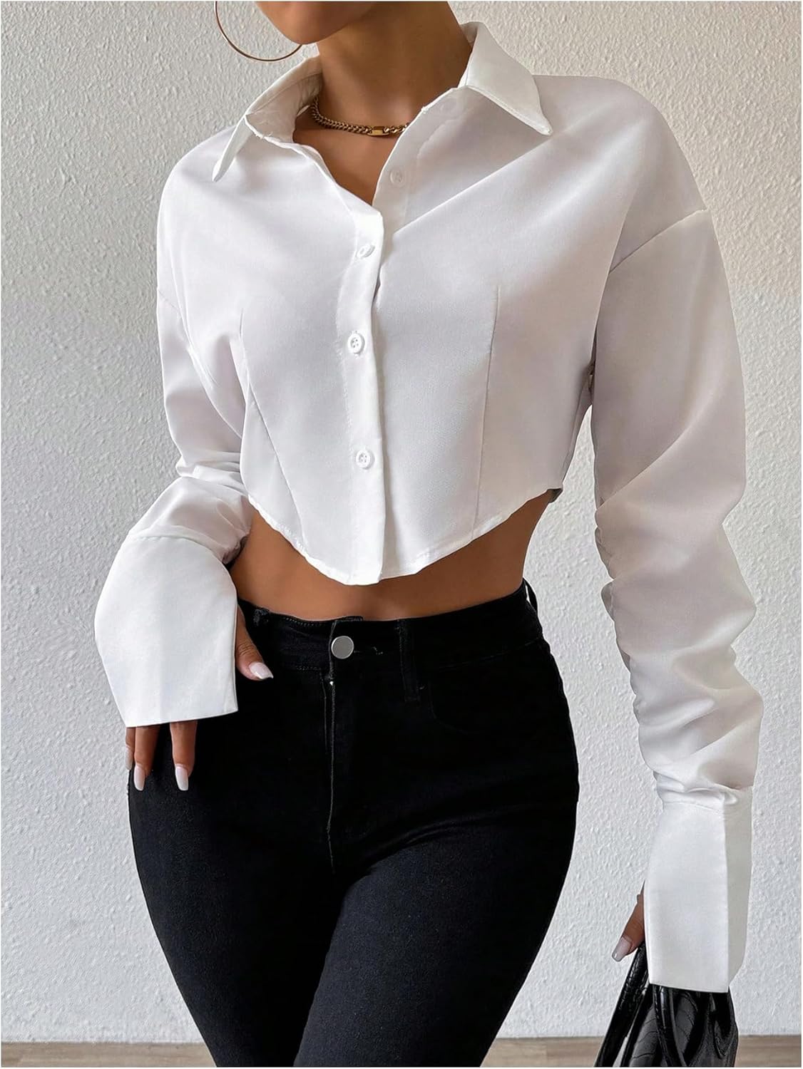 GORGLITTER Women's Cropped Button Down Shirts Long Bell Sleeve Collared Crop Blouses Tops Causal Office Outfits - Image 3