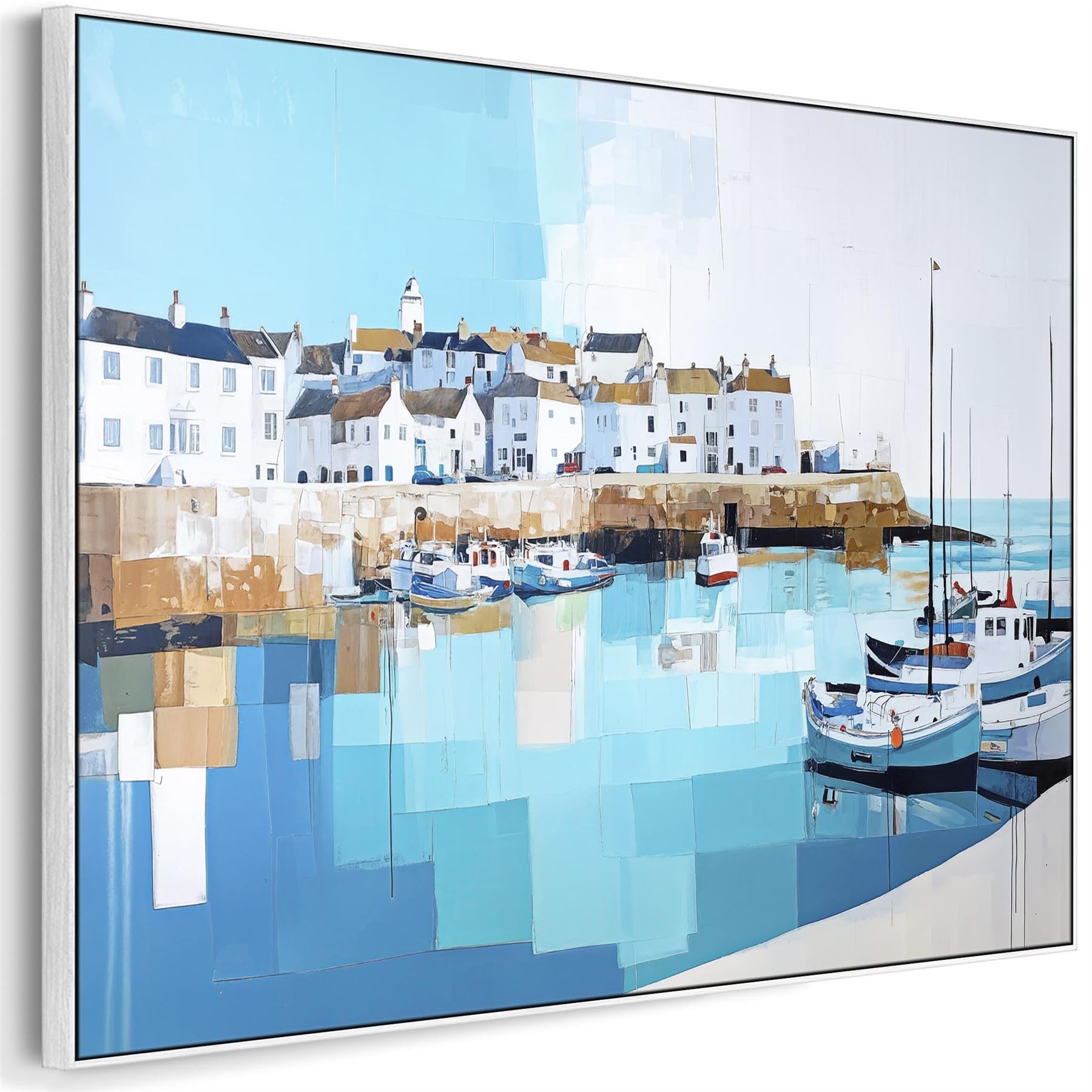 Wallfillers Kitchen Canvas Wall Art - Framed Cornish Coastal Artwork in Blue (123cm x 82cm)