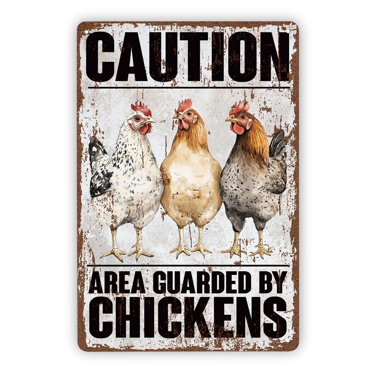 Caution Area Guarded By Chickens Tin Sign, 11.8x7.9in