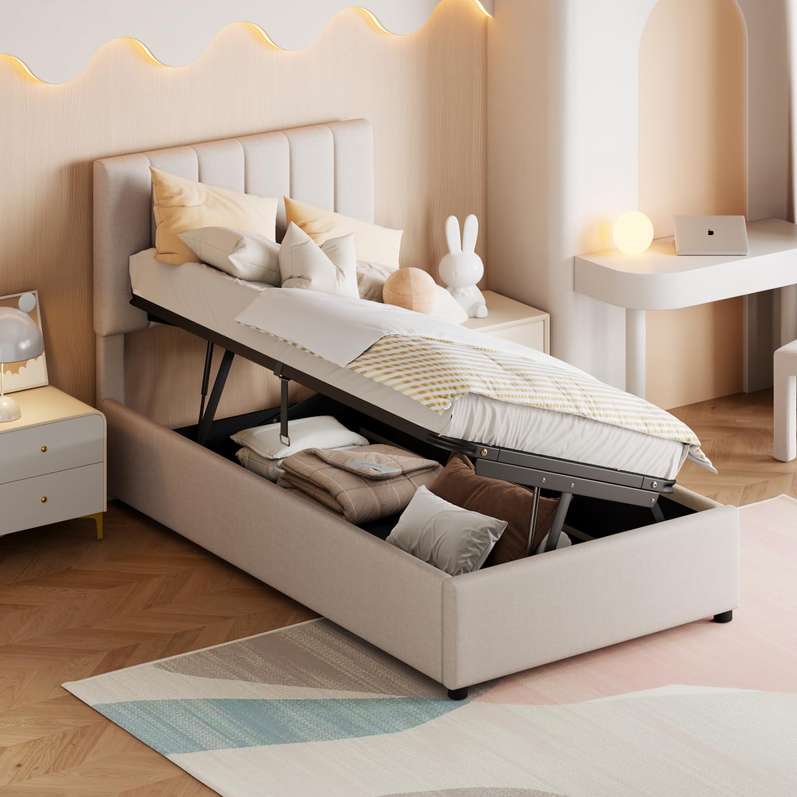 BestAlice Letto per bambini 90x200 cm, letto singolo imbottito 90x200 cm con rete a doghe, testiera regolabile, letto contenitore idraulico alto in lino beige delicato sulla pelle