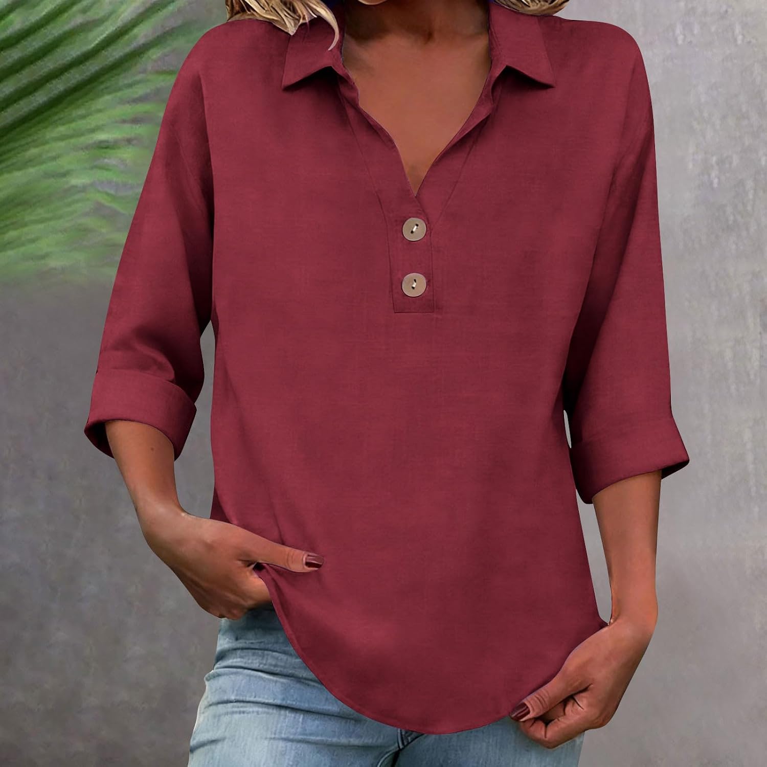3/4 Sleeve Linen Shirts for Women Plus Size Collared V Neck Button up Shirt Loose Fit Cotton Peasant Blouses Work Tops