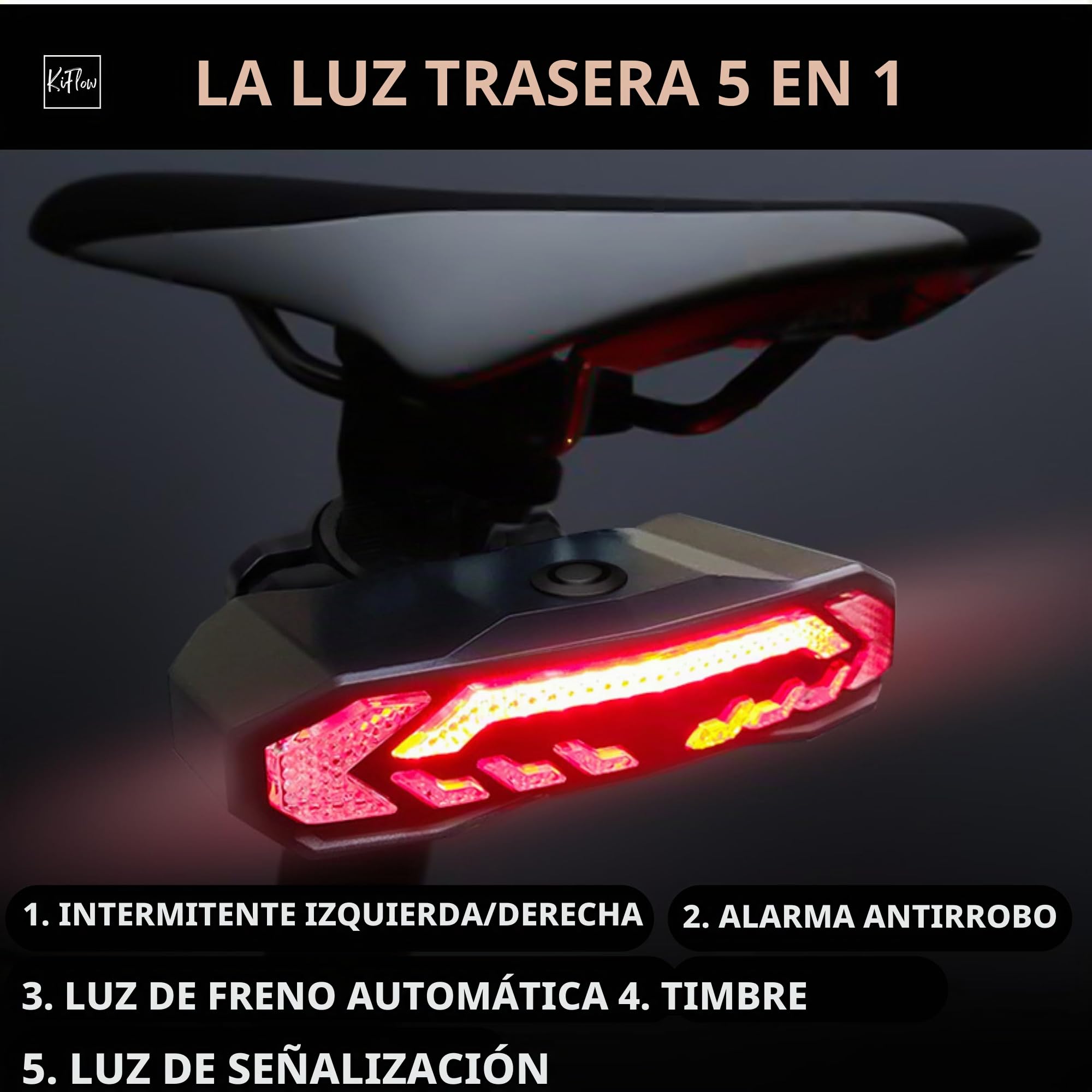 KIFLOW – Intermitente y alarma para bicicleta | 2 soportes de fijación | Luz trasera con mando a distancia | 5 modos de iluminación | Carga USB | Resistente al agua