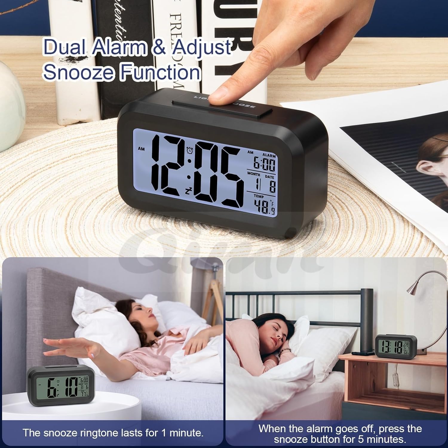 QIMIT Digital Alarm Clock Table Clock for Students, Home, Office, Corporate with Automatic Sensor, Date & Temperature-Black,Plastic, 14W x 8H Centimeters (Black) 1