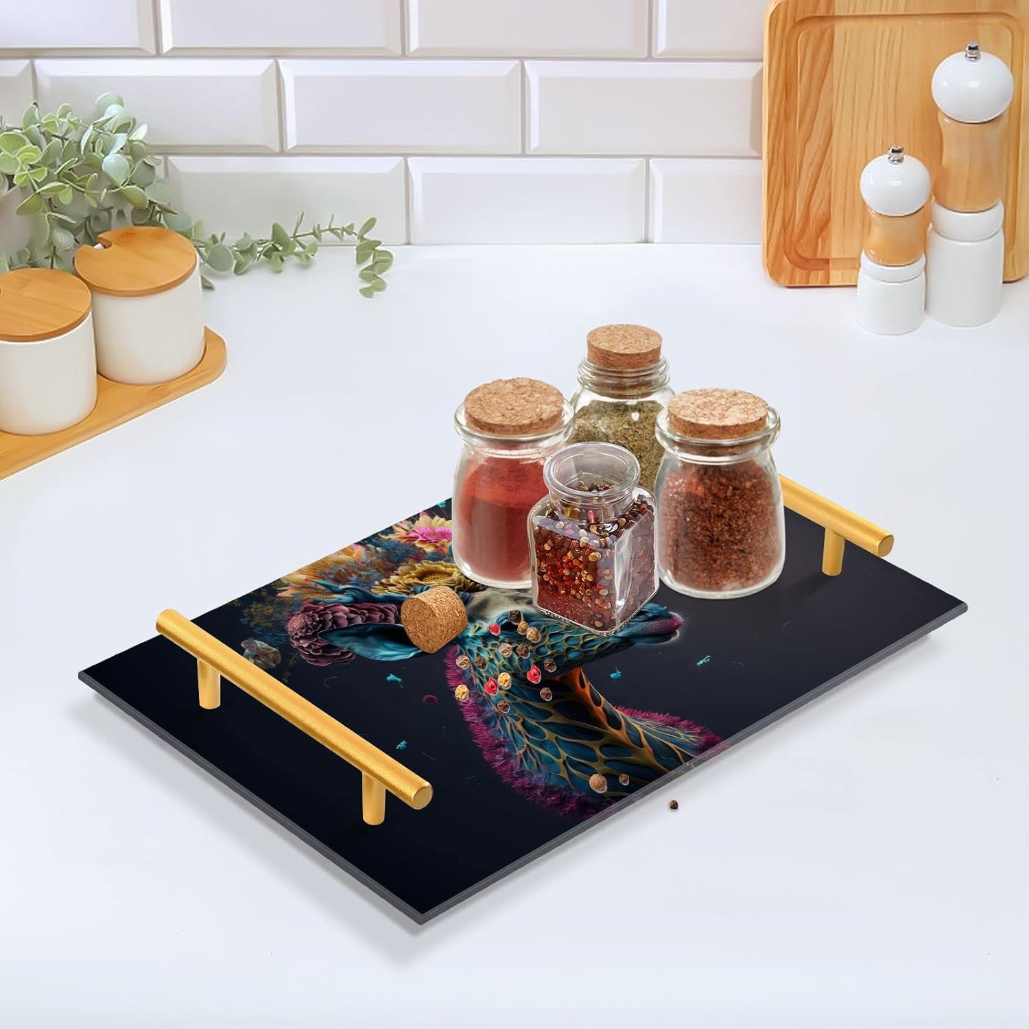 Vanity Tray (Floral Giraffe), Acrylic Decorative Serving Tray Coffee Table Tray with Metal Handles for Bathroom Living Room Bedroom 7.87×11.81 inches