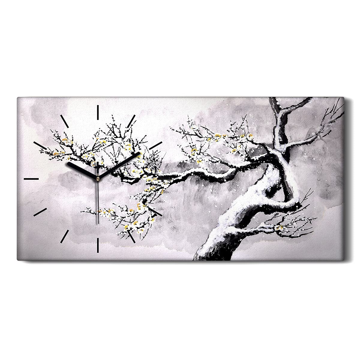 Image art moderne horloge sur toile fleurs et neige décoration murale salon 60x30cm