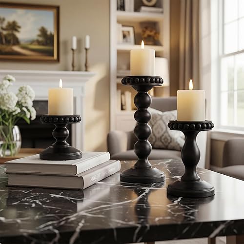 Miniatura 7 de Mumufy 3 portavelas para velas de pilar, decoración rústica de casa de campo, decoración del hogar, con cuentas lavadas, portavelas de madera blanca