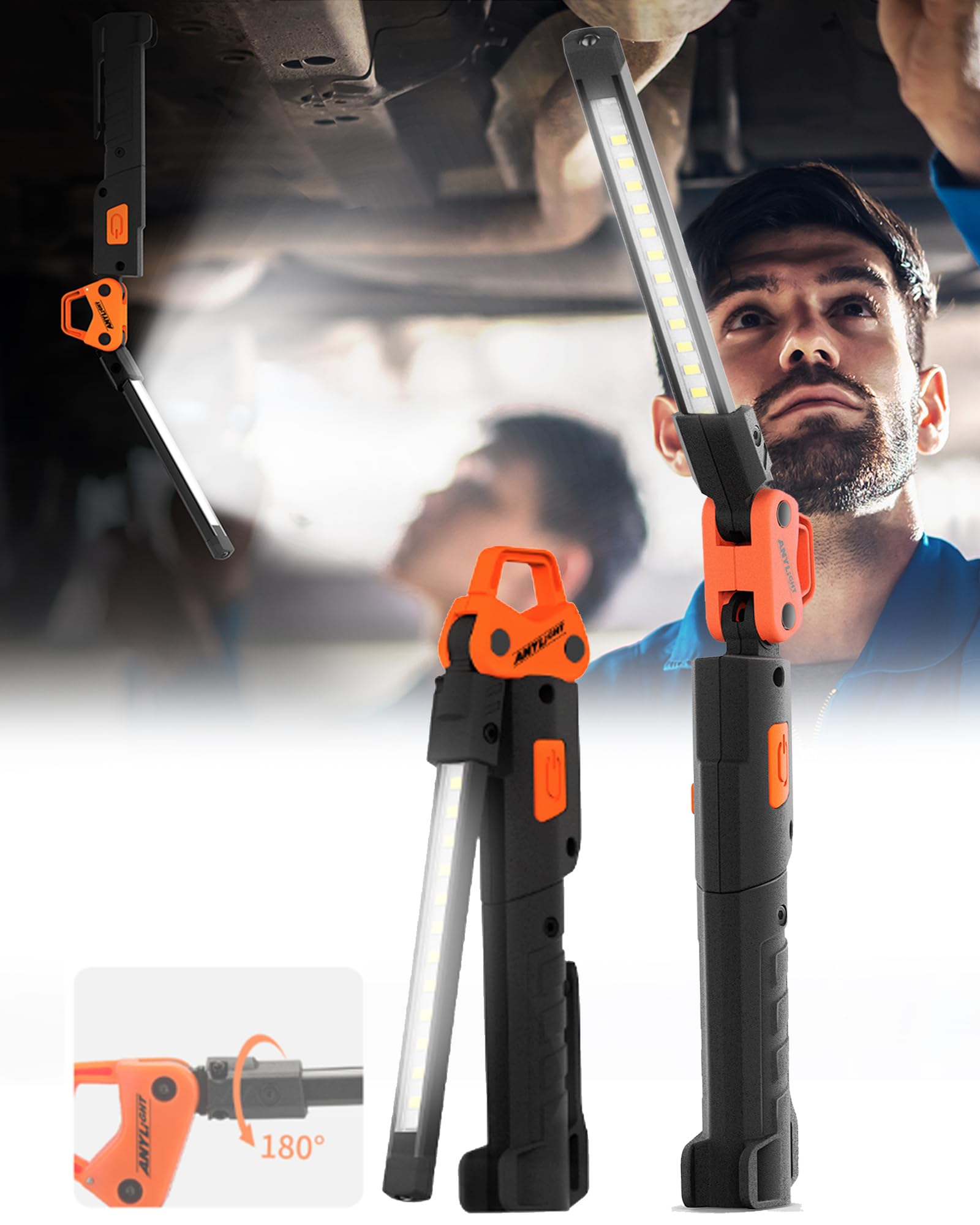 Led Work Light,400LM Foldable Mechanic Light, Rechargeable Flashlight with 5 Modes, 230° Rotate and Hook Magnetic Light for Car Repair, Camping, Grill（1 Pack Upgrade）