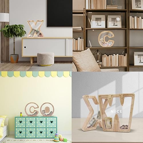 Miniatura 5 de Alcancía de madera con letras de 9.06 x 1.57 x 9.06 pulgadas, caja de dinero grande del alfabeto transparente, tarro de cambio personalizado para