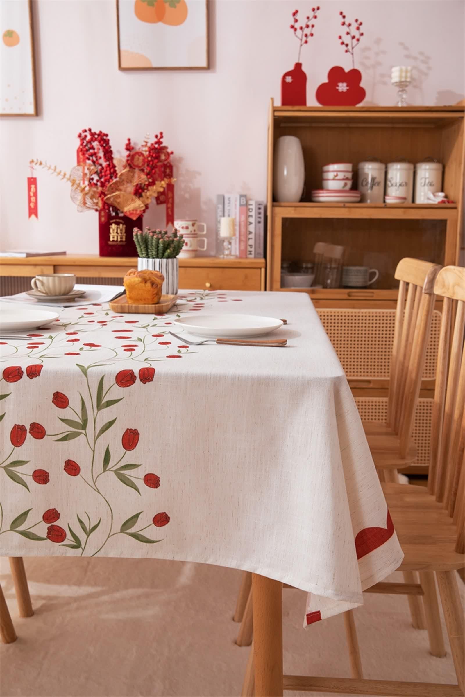 Tovaglia Rettangolare Rossa, Tovaglia Soggiorno Elegante Poliestere Fiore Stampato Copritavolo 130X220CM per Compleanno Festa Matrimonio