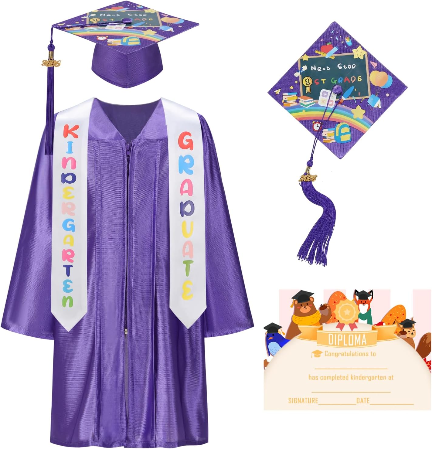 yolsun Kindergarten Graduation Cap and Gown 2026, 6 PCS Graduation Gown Printed Cap Set with Stole Sash