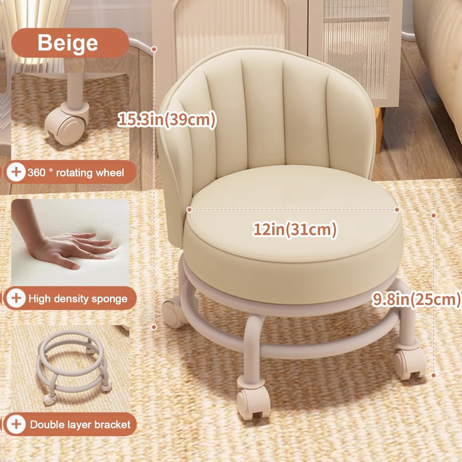 Rolling Stool with Backrest, Portable Mini Shoe Stools, Mobile Stool for Home, Office & Salon with Industrial-Grade 360° Wheels, Comfortable Strong for Car Wash, Pedicure, Garage – White