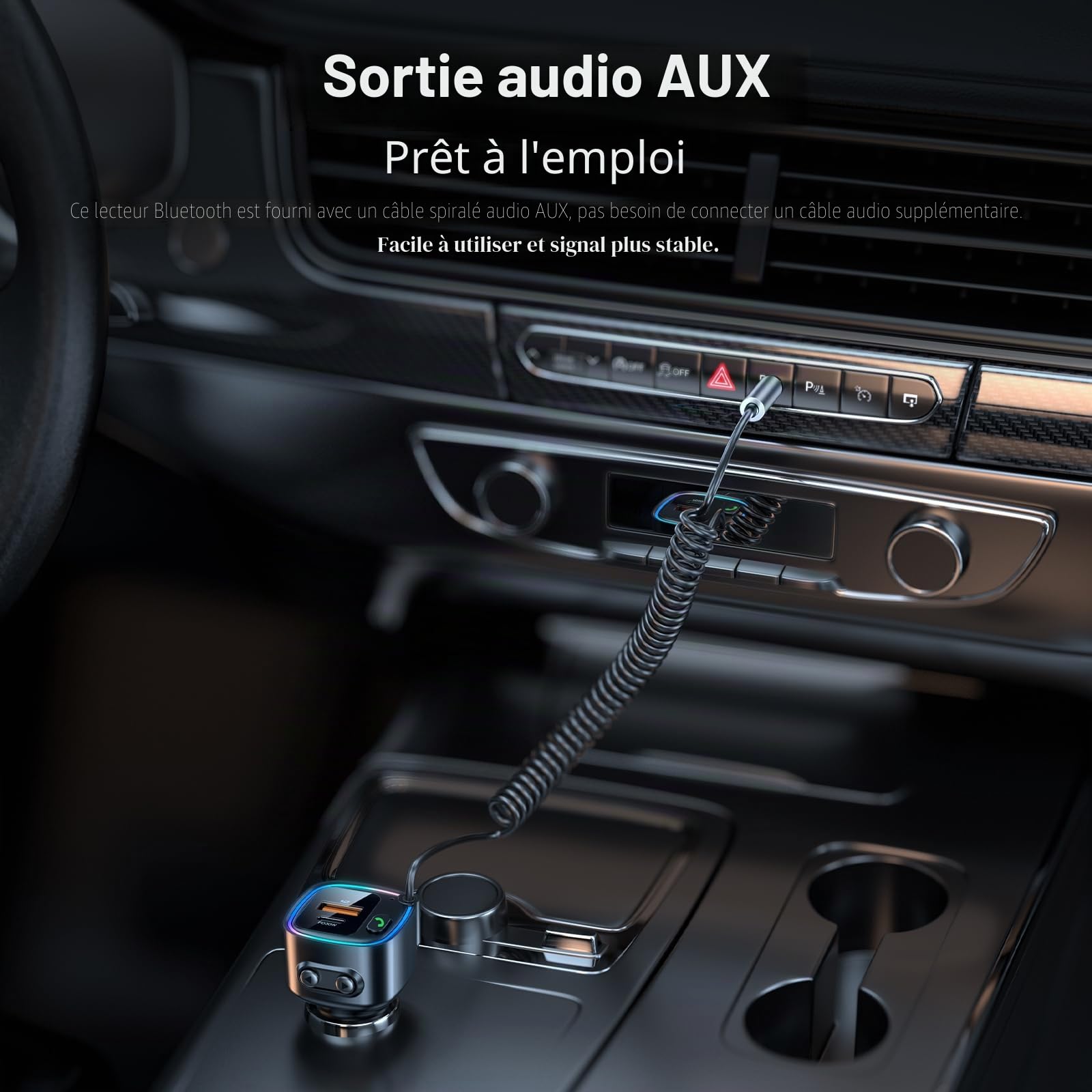 Adaptateur Bluetooth 5.4 Voiture Recepteur Bluetooth Jack Chargeur Voiture 42W(PD 30W & QC 12W) avec Prise Jack 3.5mm Autoradio Enceinte Haut Parleur Amplificateur Appel Mains Libres Support U Disk