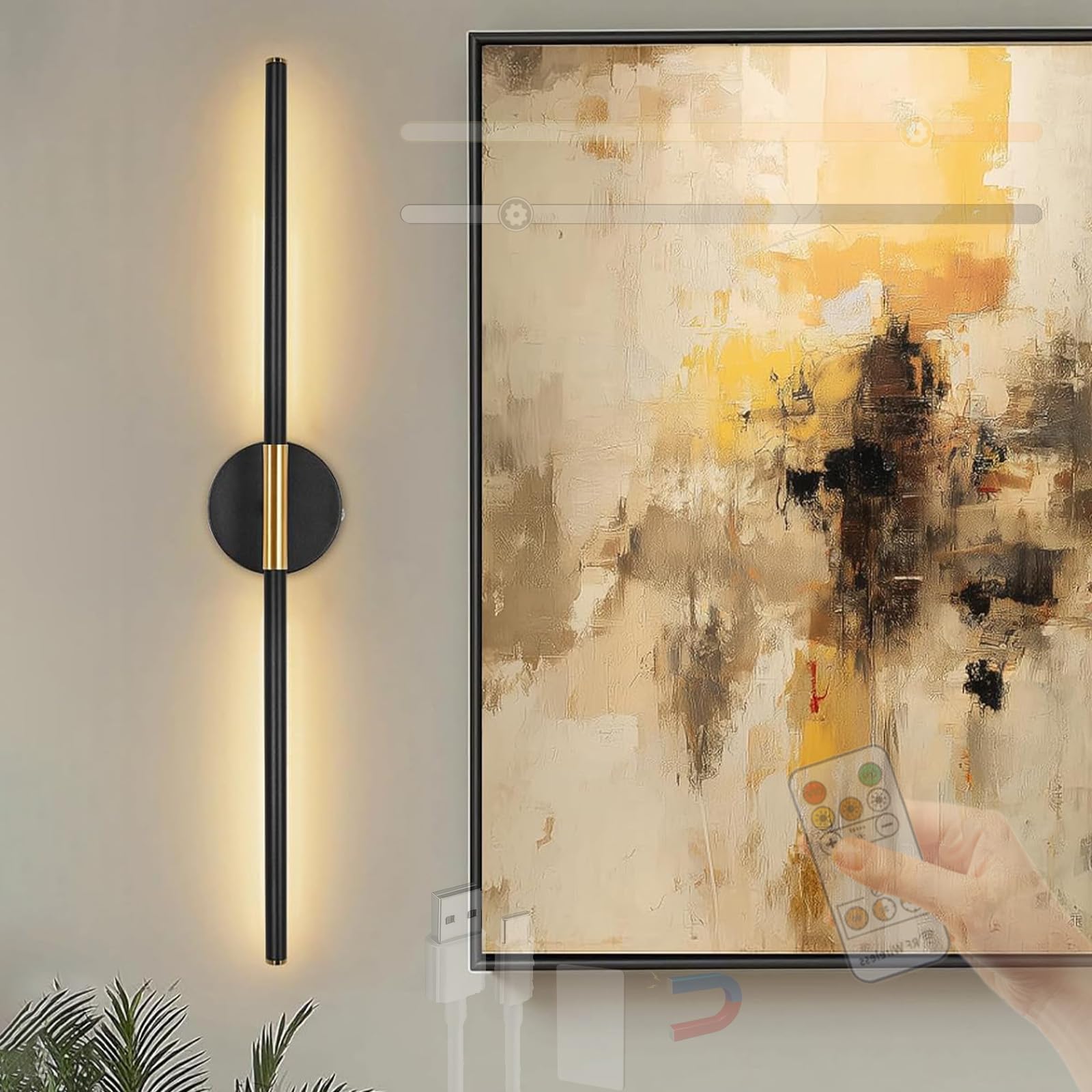Apliques de pared LED recargables con mando iluminación interior negra 26cm 8