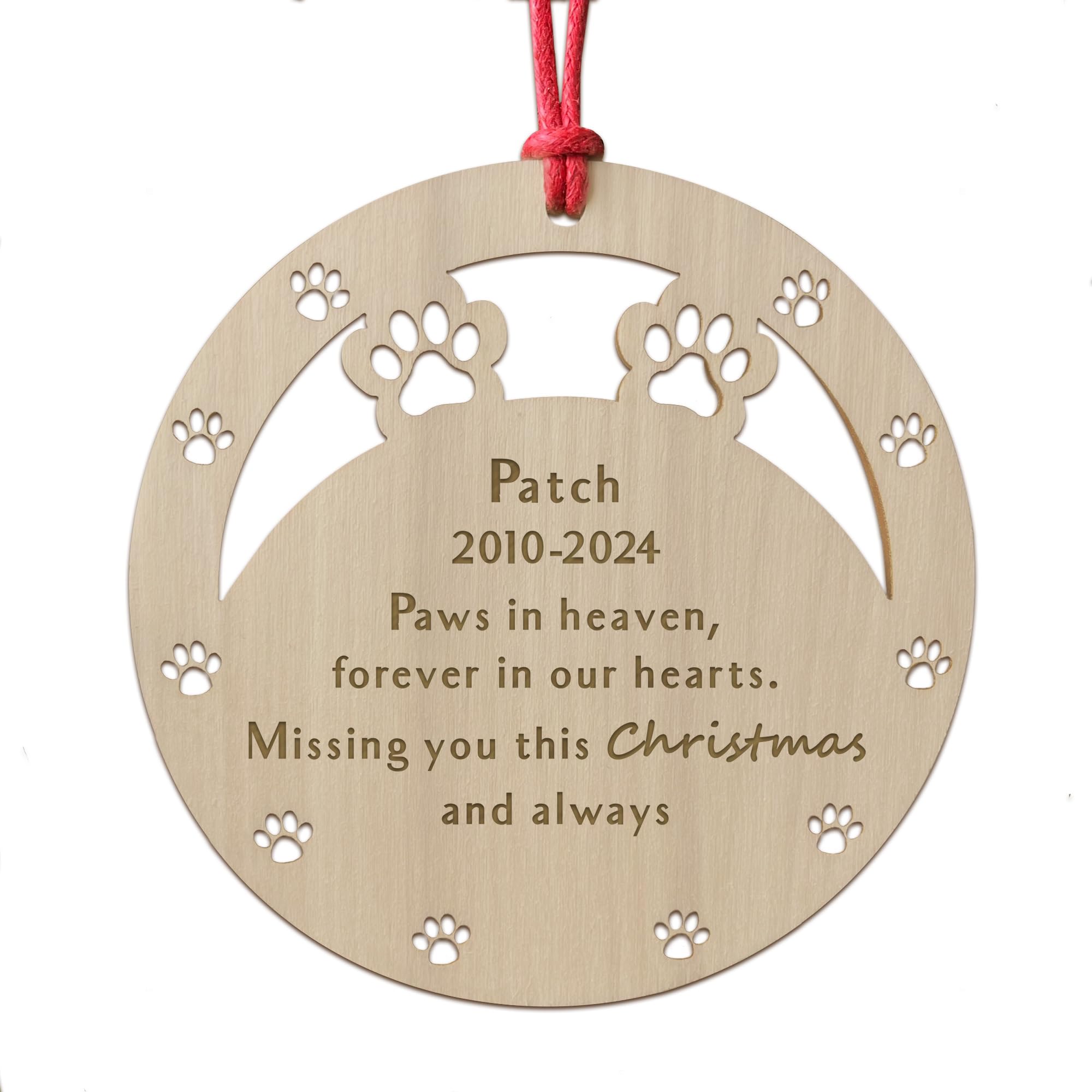 Red Ocean Personalised Pet Memorial Christmas Tree Bauble Decoration, Pet Memorial Gifts Loss of Pet, Dog Memorial Christmas Tree Decorations, Wood Engraved Bauble Decoration (Paws In Heaven)