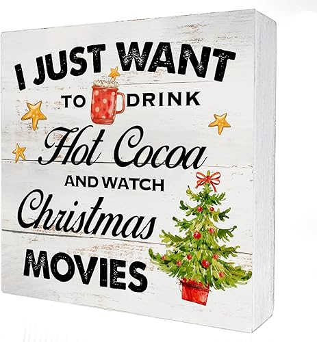 Cartel de madera para cocina de Navidad, decoración del hogar, rústico, con texto en inglés "I Just Want to Drink", para ver películas de Navidad,