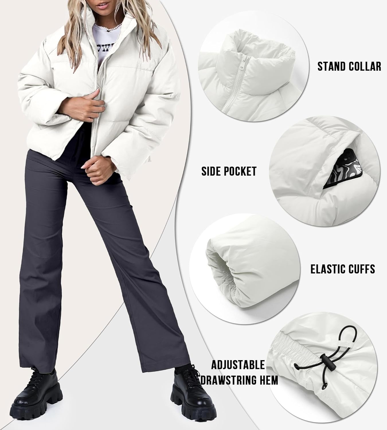 Women's Winter Cropped Puffer Jacket 2023 Long Sleeve Lightweight Zip Short Jacket Coat with Pockets - Image 5