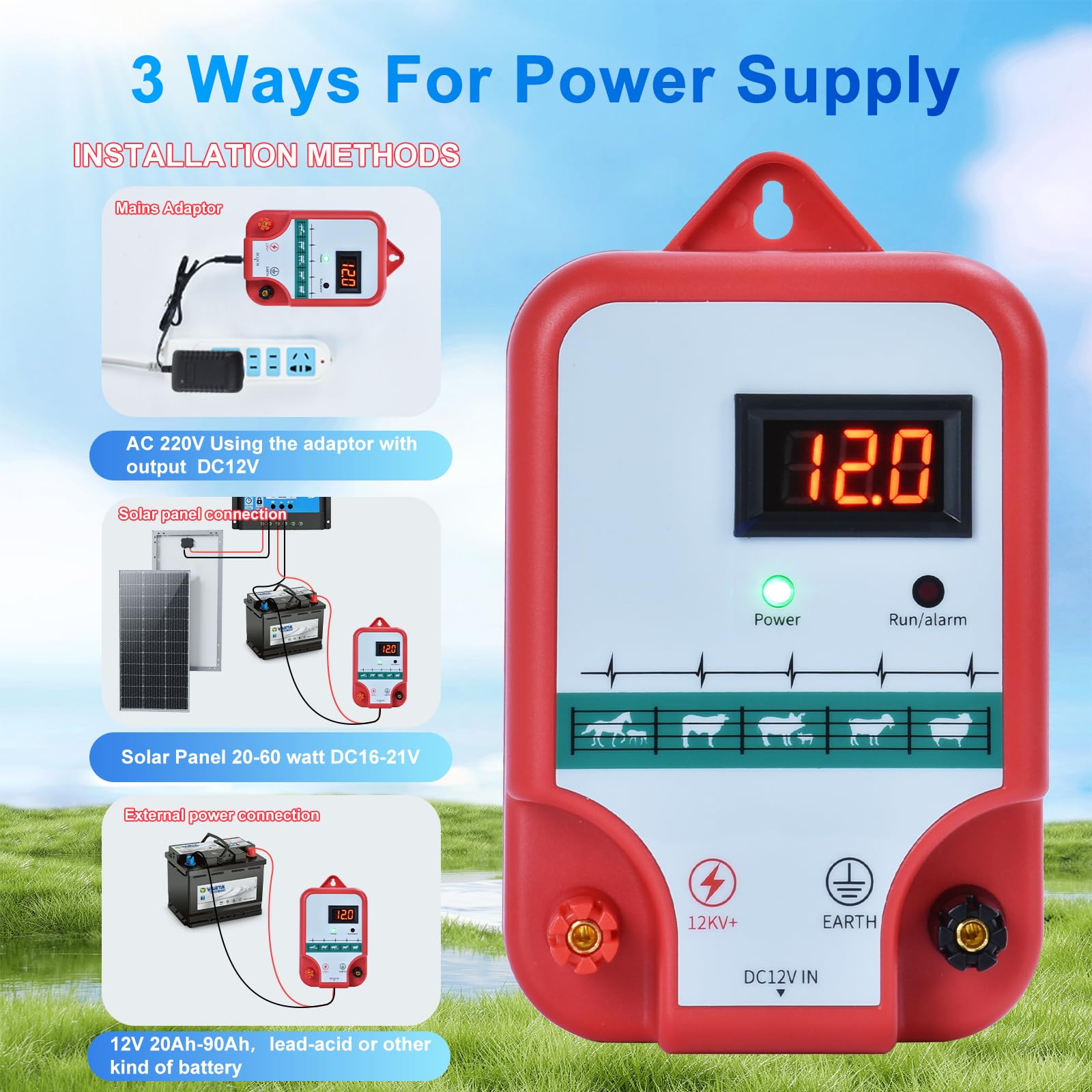 15KM Pastor Electrico, cerca eléctrica Controlador de pulso de alto voltaje seguro Granja de animales Cerca eléctrica Pastor Granja de animales Pastor eléctrico (Rojo)