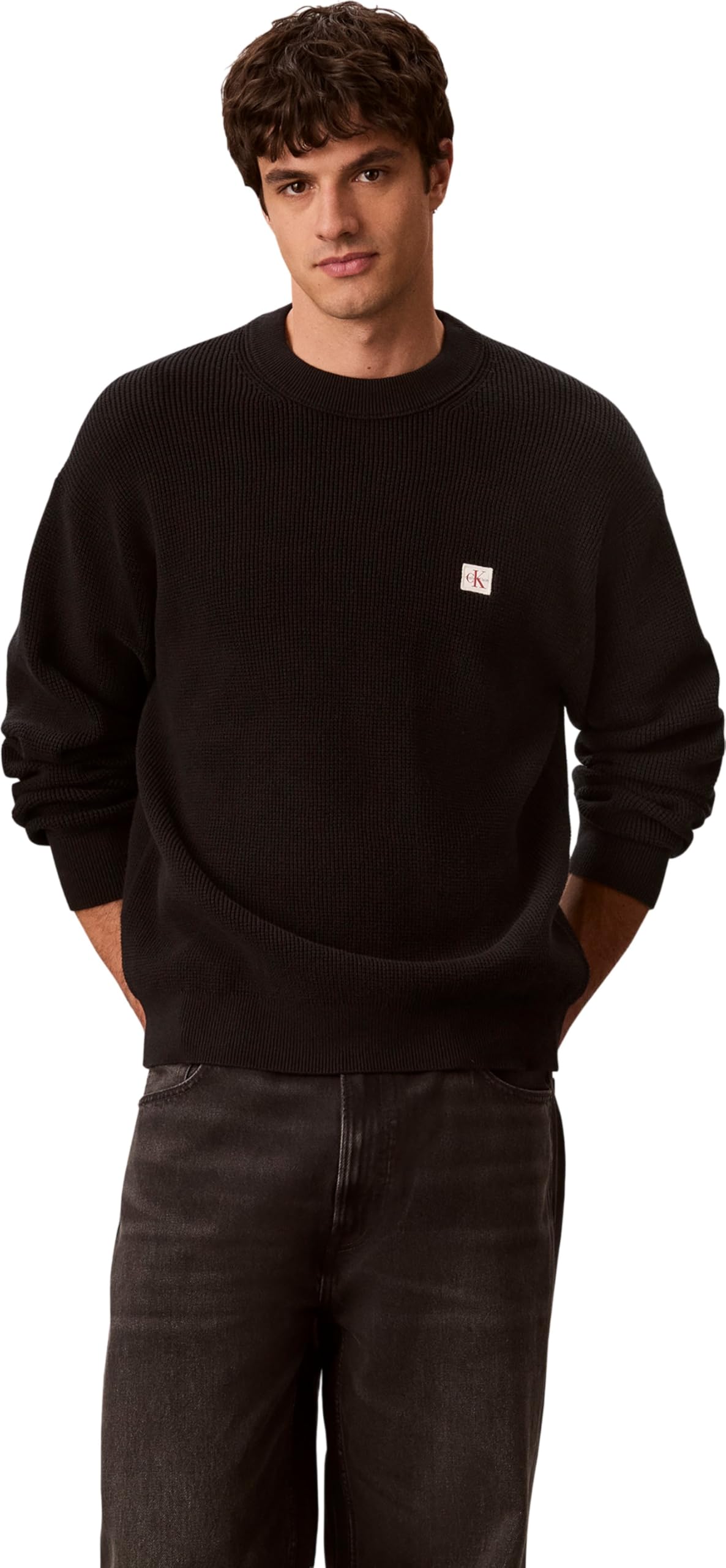 Calvin Klein Men's LS EZ Cotton Waffle CRWNK SWTR 9 LV04RD313G Sweaters, Black (Black), XS