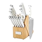 Cuisinart 15-Piece Knife Set with Block, High Carbon Stainless Steel, Forged Triple Rivet, White, C77WTR-15P
