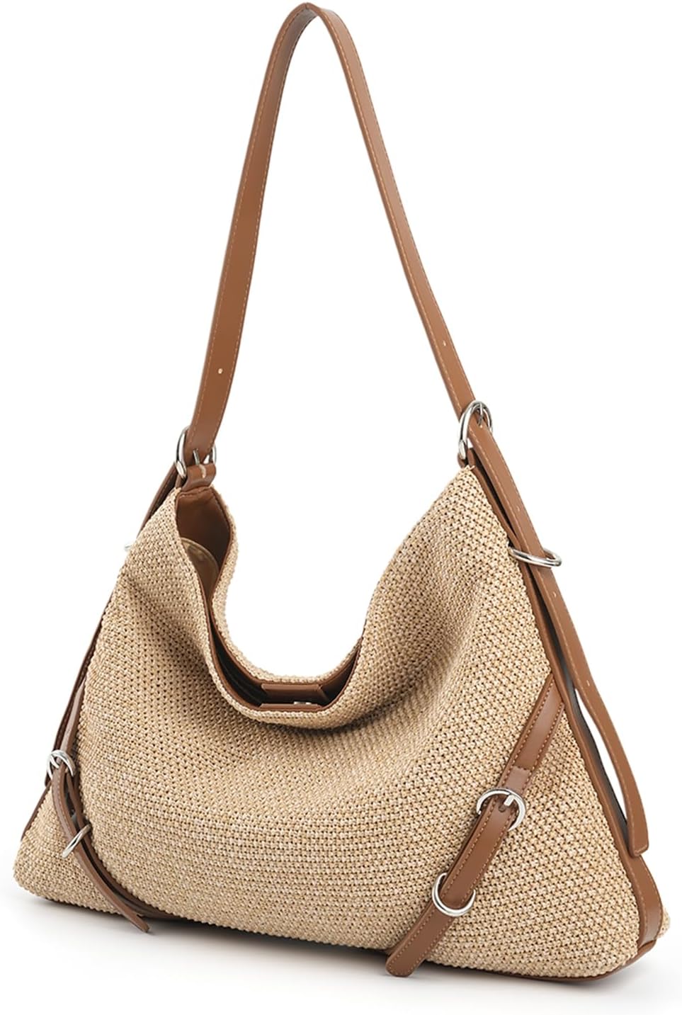 Woven Hobo Bag for Women Summer Straw-Like Shoulder Bag Slouchy Crossbody Purse Beach Tote with Adjustable Leather Strap
