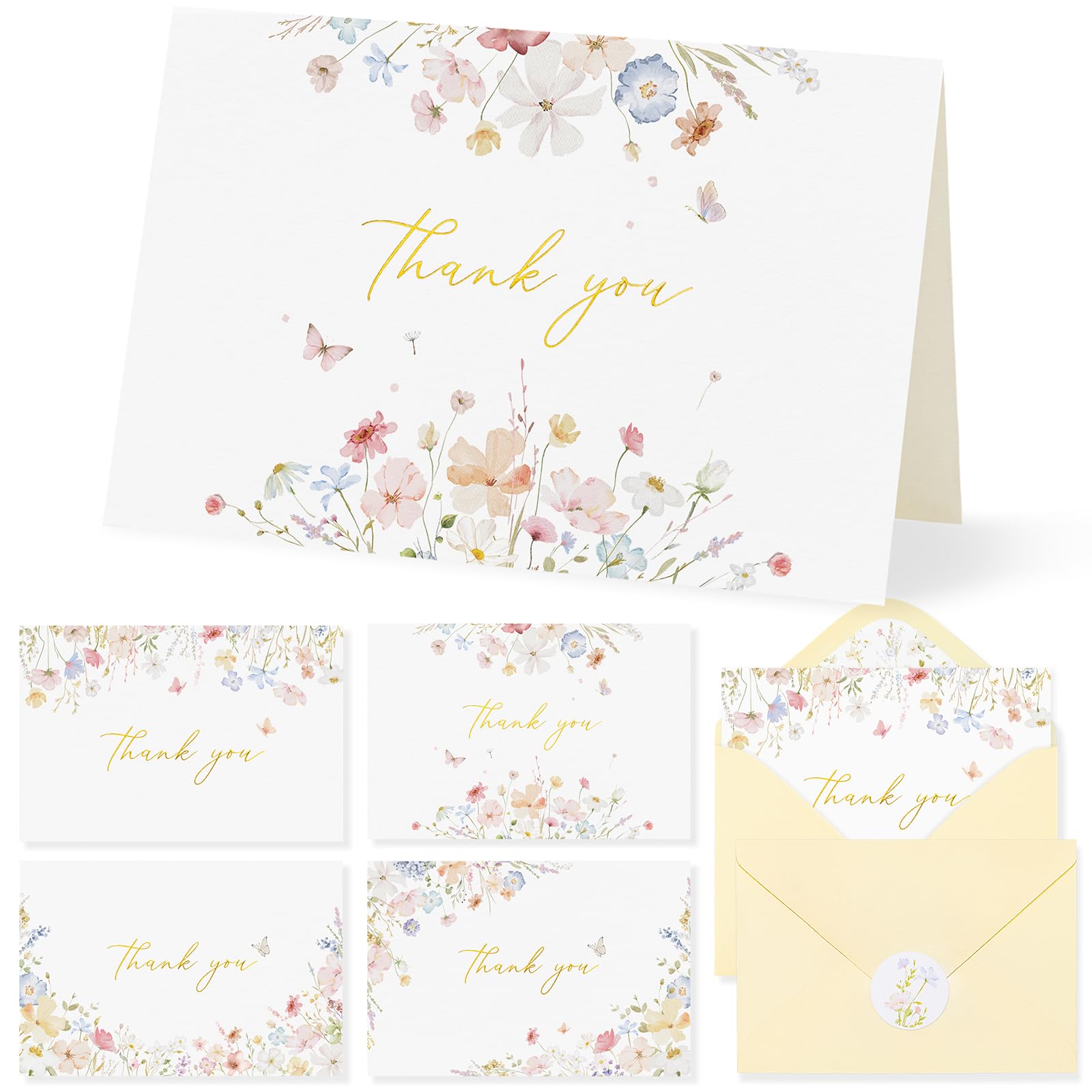Crisky Lot de 50 cartes de remerciement florales assorties avec enveloppes et autocollants, aquarelle, fleurs sauvages délicates pour anniversaire, fête prénatale, mariage, remise de diplôme