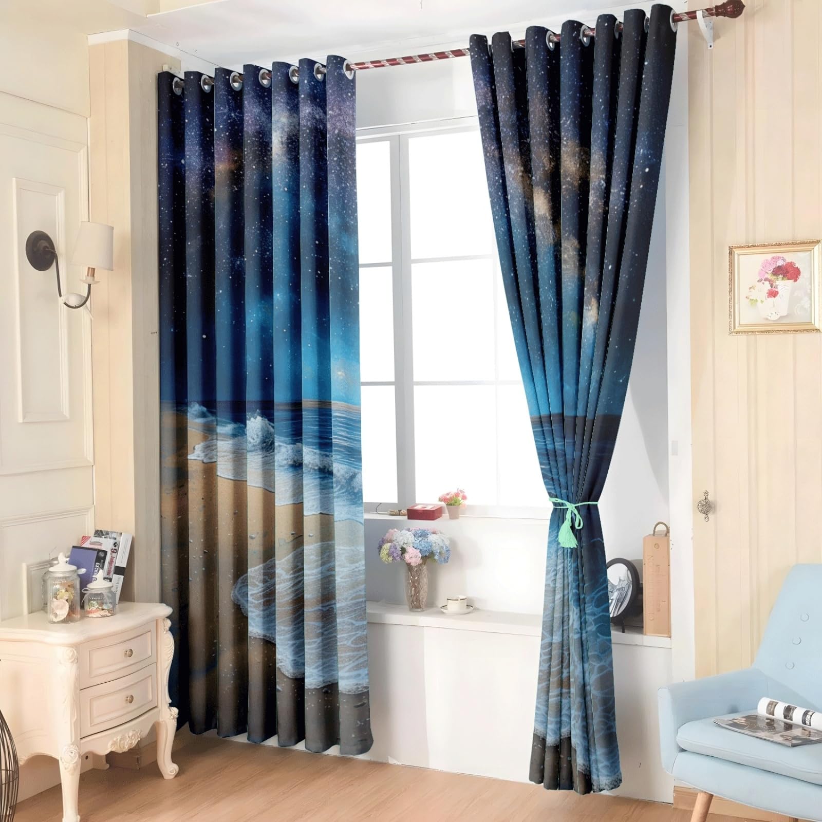 Curtain Blauer Stern Braun Gardinen Polyester Vorhang mit Ösen Blackout Curtain Waschbar Vorhänge mit Ösen Living Room Thermovorhang Schlafzimmer Verdunklungsvorhänge Blickdicht 2x140x160cm