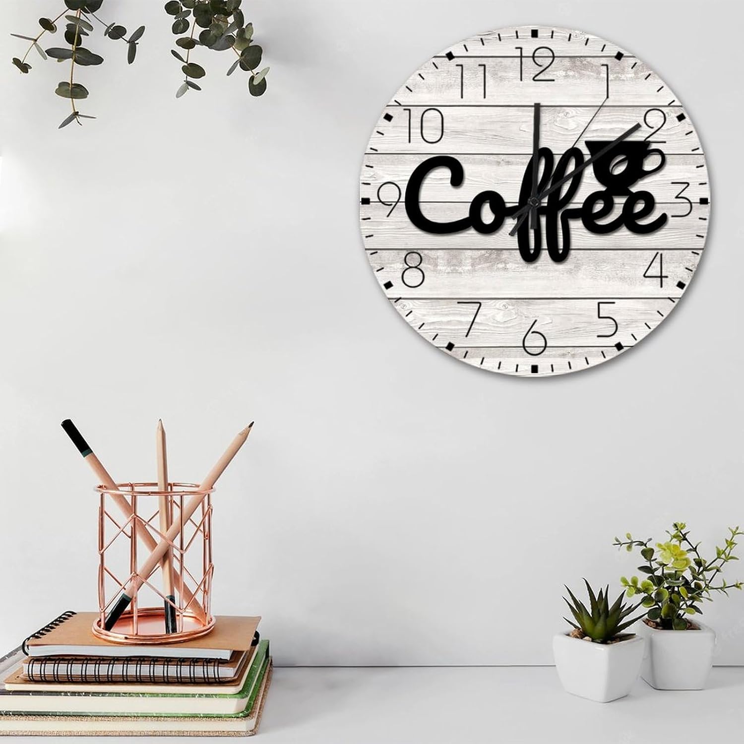 Wooden Wall Clock Analog Round Non-Ticking Coffee Custom Wall Clocks Cafe Themed Coffee Shop Wall Decor for New Home Garage Children's Room 15 Inch