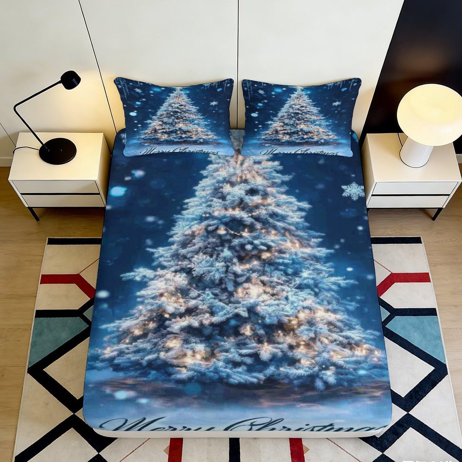 3D Printed Christmas Tree Pattern Fitted Sheet Microfiber Deep Pocket Elastic Hem Xmas Mattress Fitted Cover Bedroom Bedding 120x200x25cm