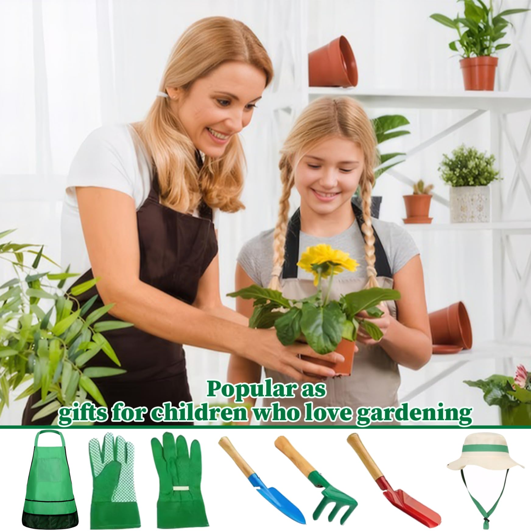 Juego de jardinería para niños pequeños, Juego de jardinería para niños 7pcs con Sombrero de Sol, Delantal, Guantes y Herramientas de jardín, Kit para para para