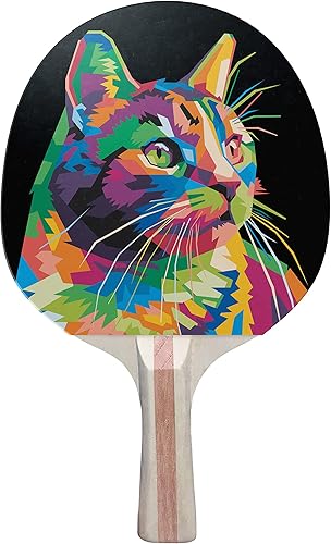 Raqueta de ping pong con diseño colorido de gato, raqueta de tenis de mesa prémium de 5 capas (rojo en la parte posterior)
