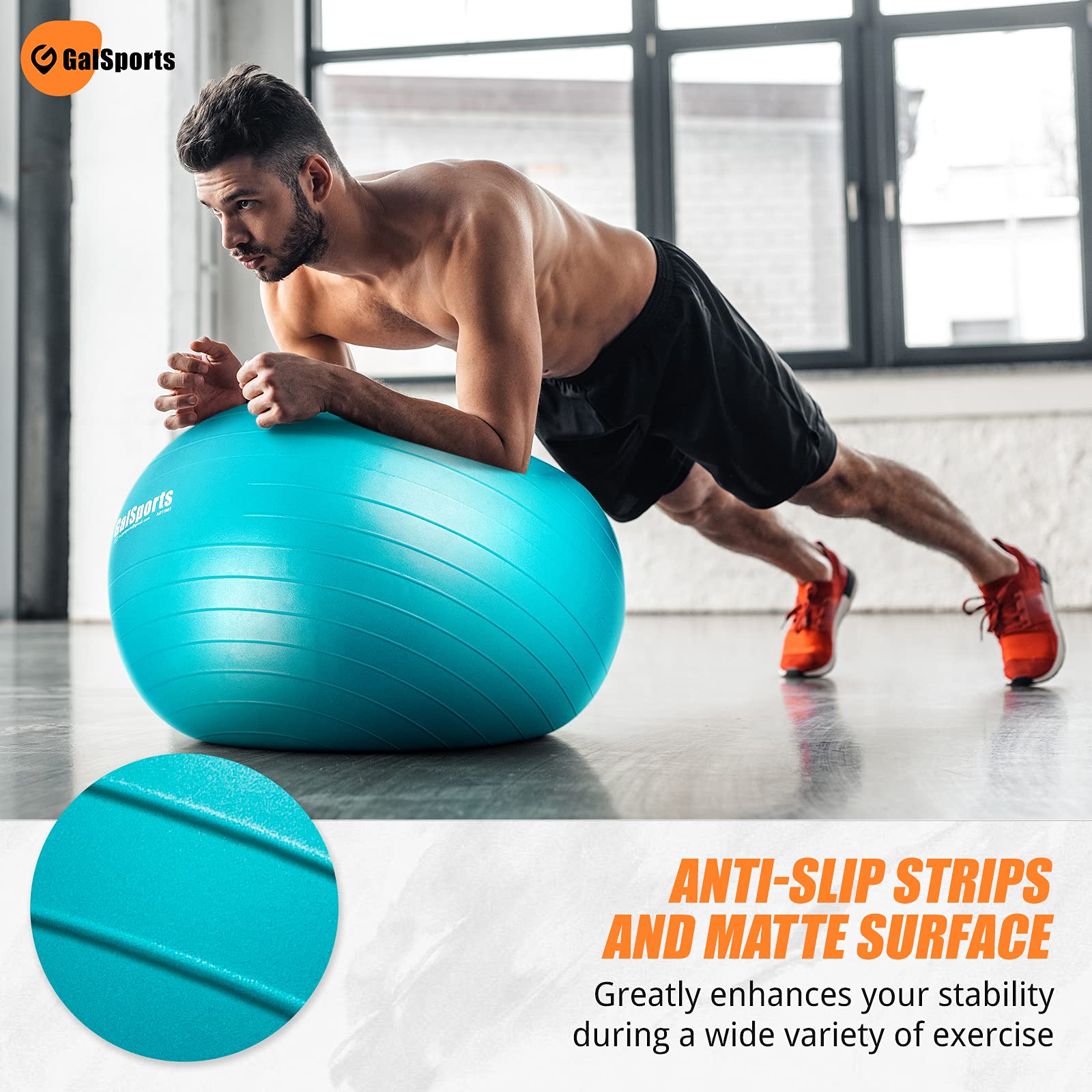GalSports Unisex PVC Gym Ball for Exercise & Yoga with Pump, Anti Burst Swiss Birthing Stability Ball for Workout & Fitness (Blue, Size - 65 cm) (Blue, L(26ines/65cm/With Pump))