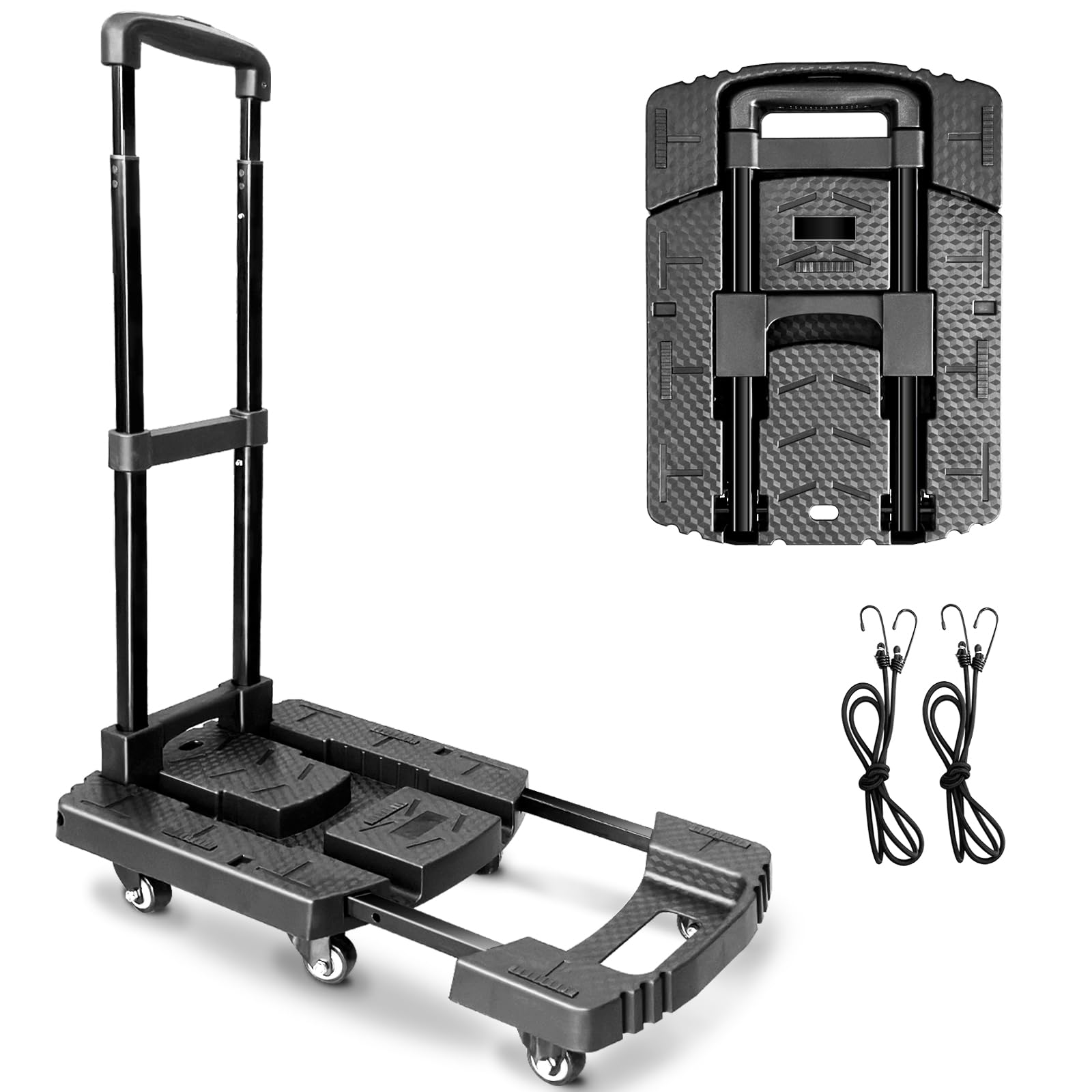 Folding Hand Truck,VDHU 650 LB Heavy Duty Luggage Cart,Portable 6 Wheels Collapsible Dolly Platform Cart with 2 Elastic Ropes for Airport, Travel, Moving, Shopping, Office Use