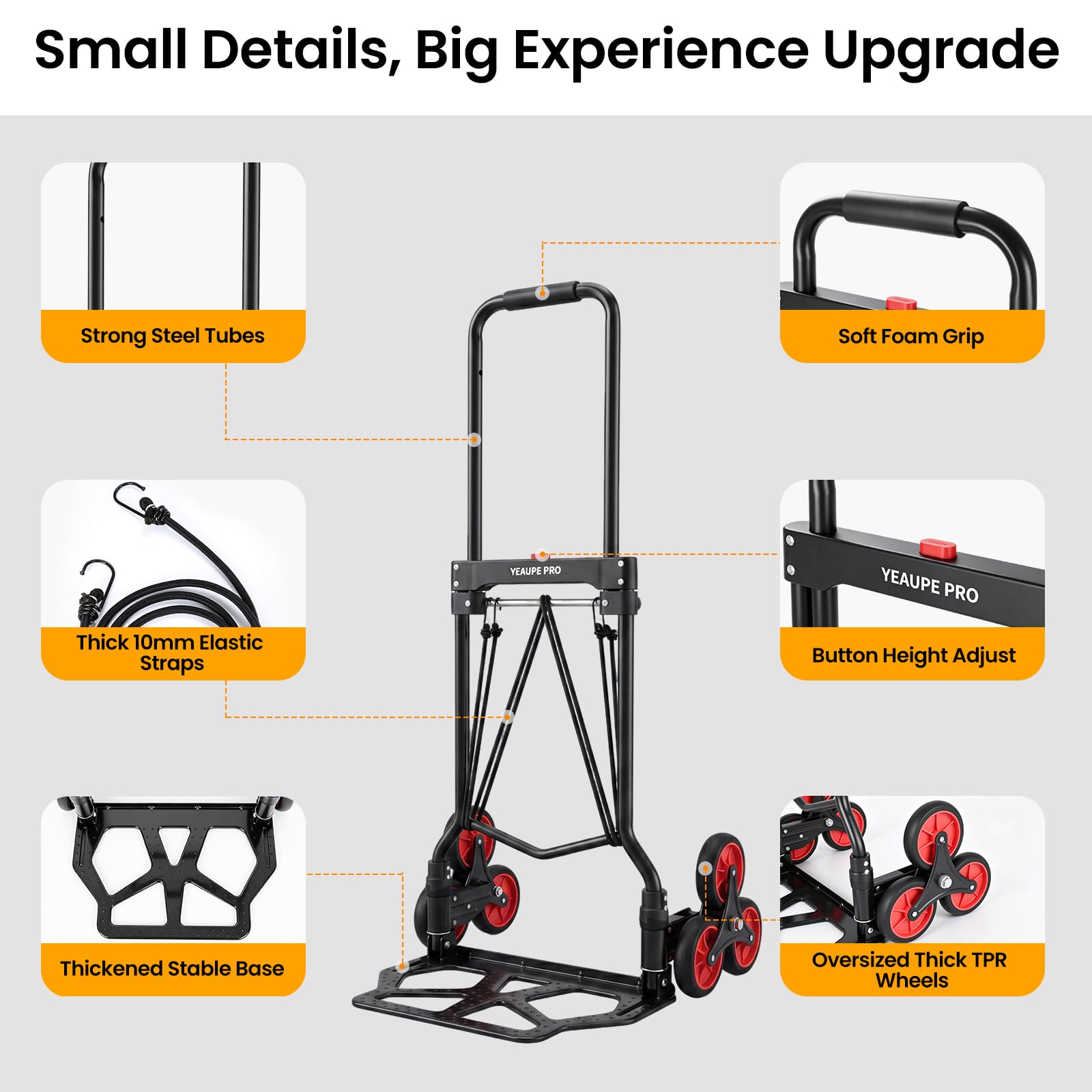 YEAUPE PRO Diable Pliable - Capacité de Charge de 70 kg - Poignée Réglable en Hauteur - avec 2 Cordes d'extension - Transport pour Monter Les escaliers - Noir - 3 Roues