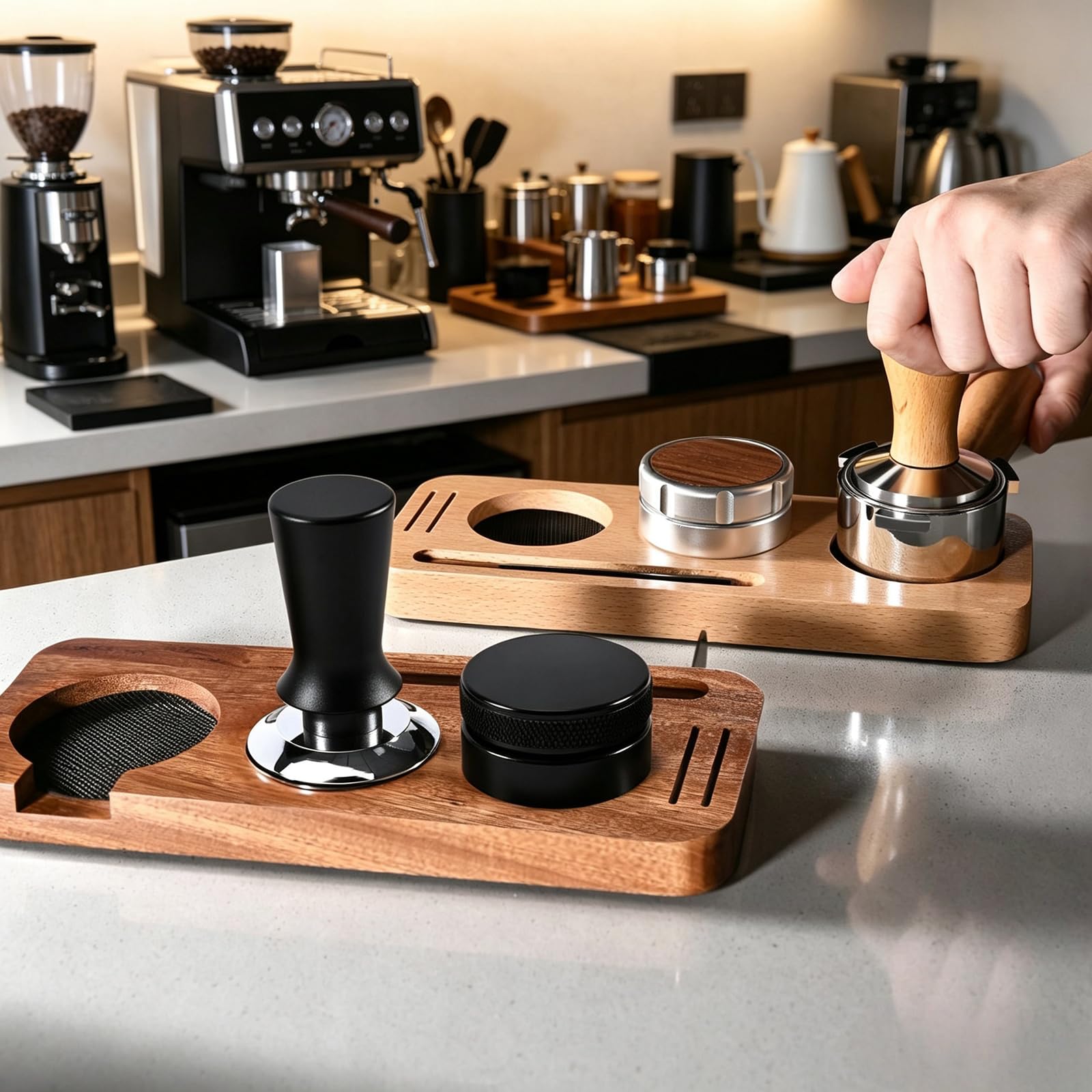 Barista Accesorios, 7 accesorios para espresso, 51 mm WDT Tool Tamper Distributor Anillo dosificador para máquinas portafiltros café Tamper Barista Set de acero inoxidable para el hogar Cafes