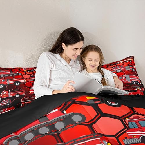 Miniatura 5 de Erosebridal Juego de edredón de camión de bomberos para niños, juego de ropa de cama de panal rojo brillante con diseño de panal de abeja, juegos de