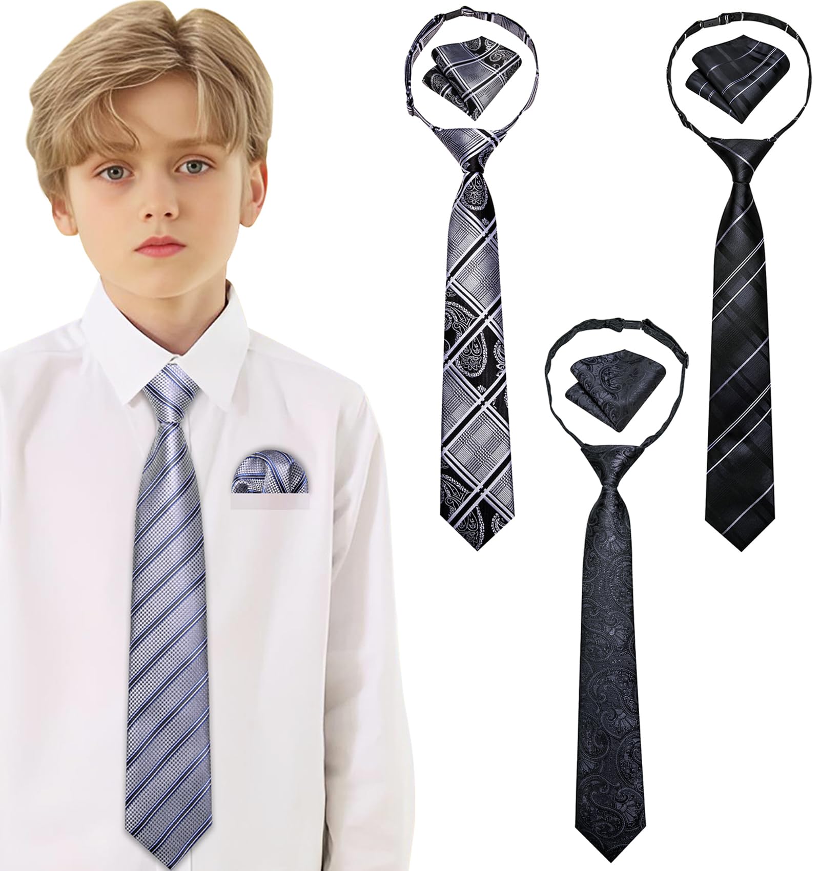 Ailisus 4pcs Boys Pre-Tied Neckties and Pocket Square Set Silk Adjustable Ties for Kids Graduation Wedding School Uniforms