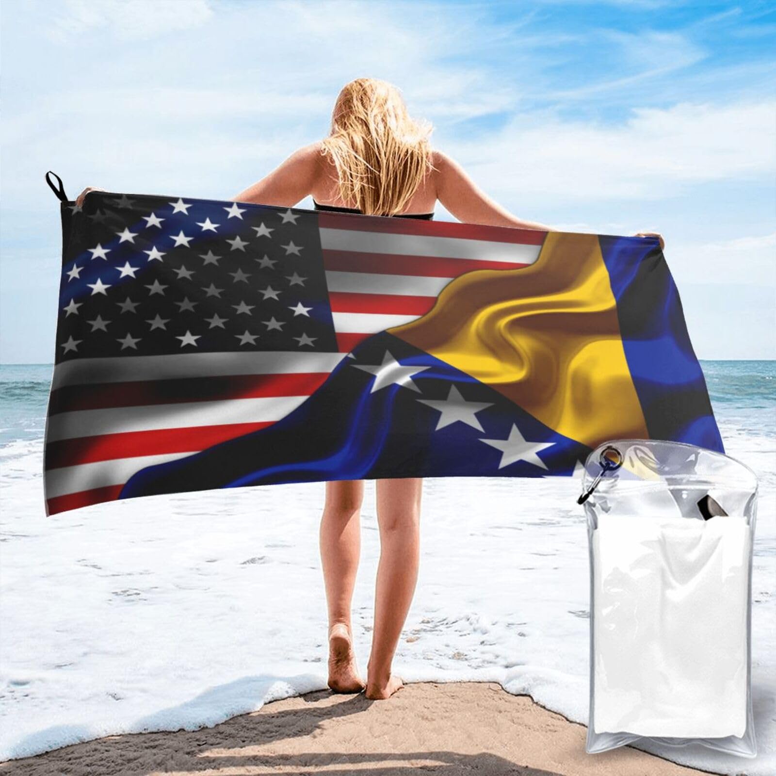 Serviette de plage sans sable et compacte motif drapeaux USA Bosnie pour piscine et voyage