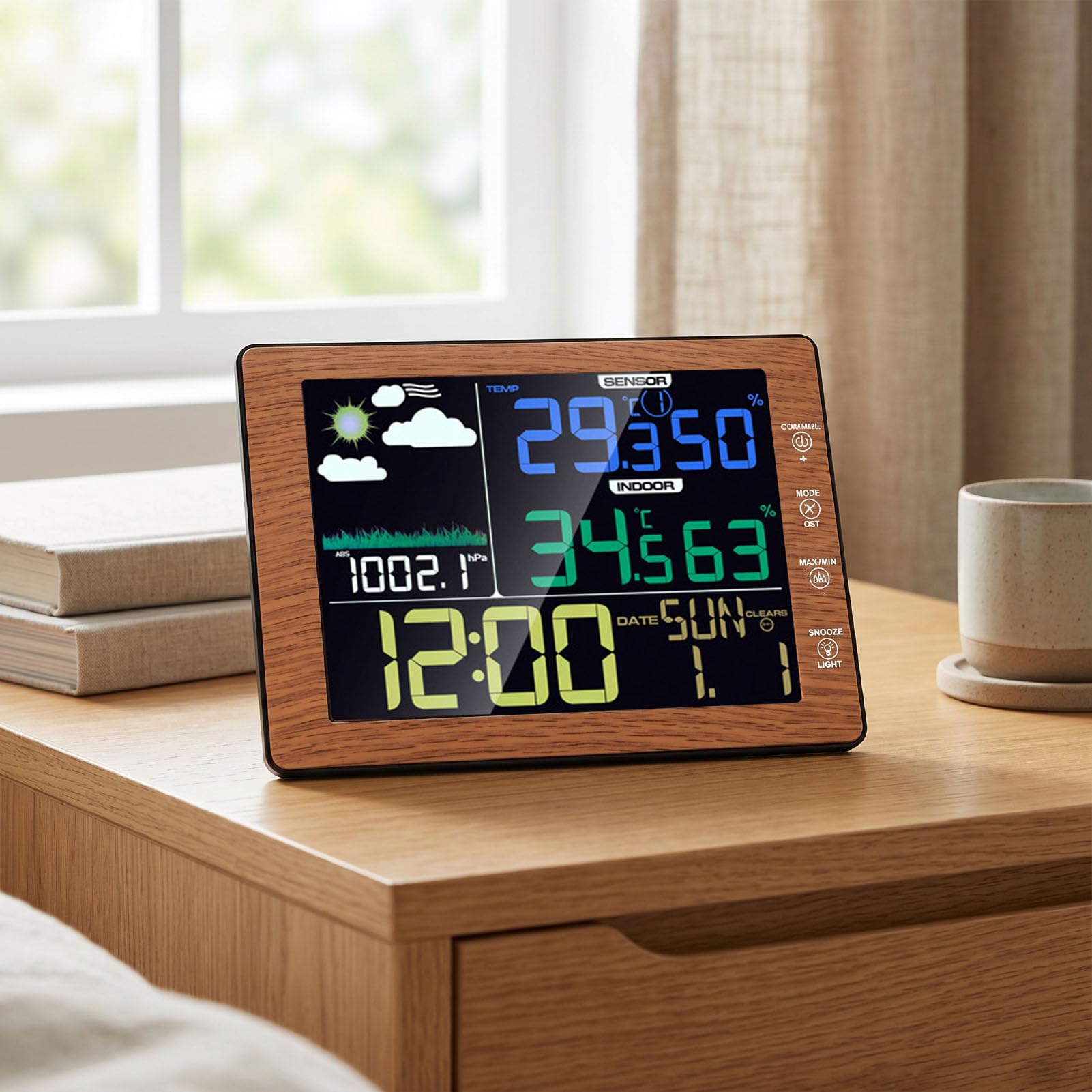 Wettervorhersagestation, Kabelloses Thermometer | Sprachgesteuerte Hintergrundbeleuchtung, 3 Helligkeitsstufen, Smart Night View, Wecker
