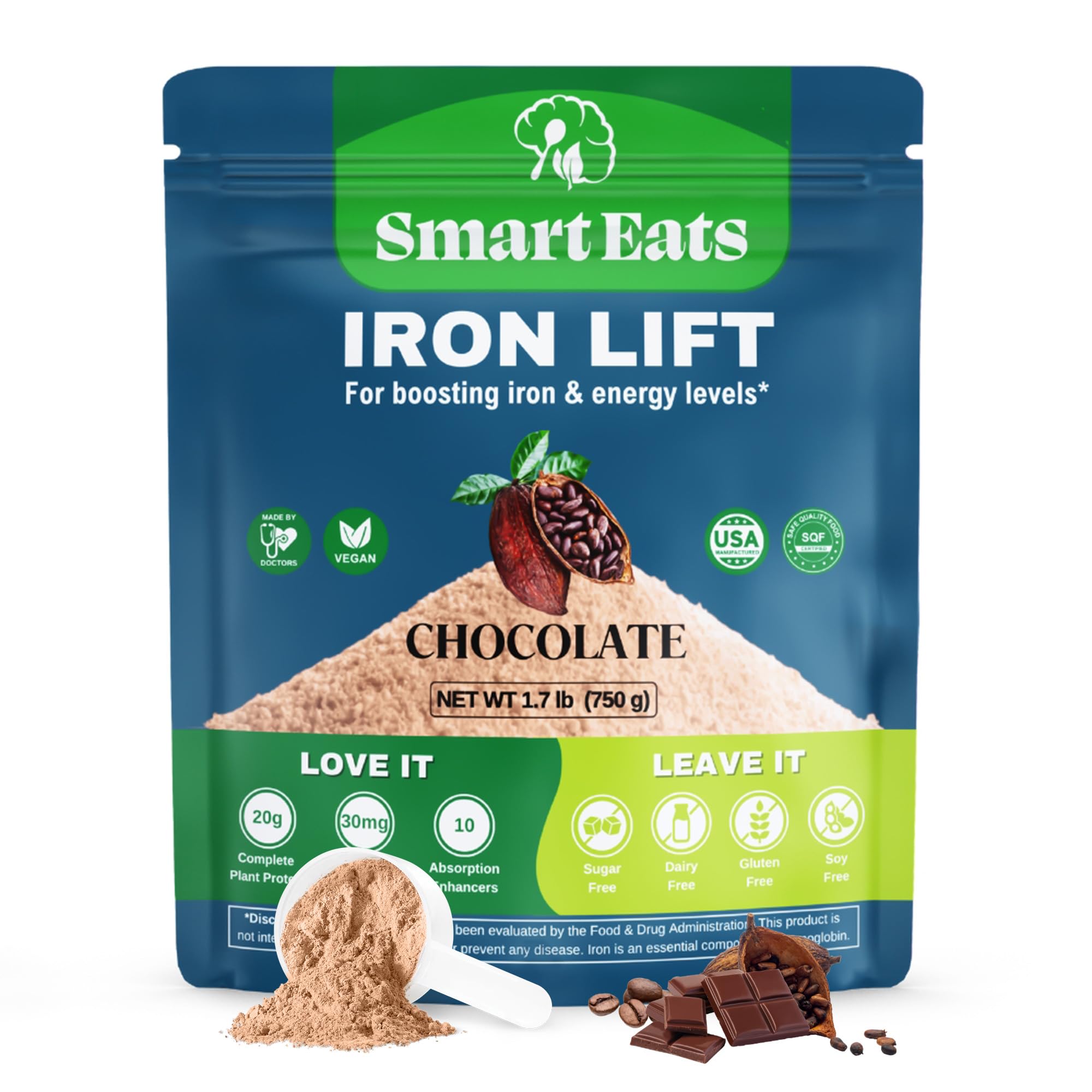 Smart Eats - Iron Powder | Highly Absorbed | Avoids Side Effects | Complete Nutrition: Protein, Vitamins, Fiber, Antioxidants | Makes Tasty Drinks & Shakes | Vegan | Chocolate Flavor | 30 Scoops