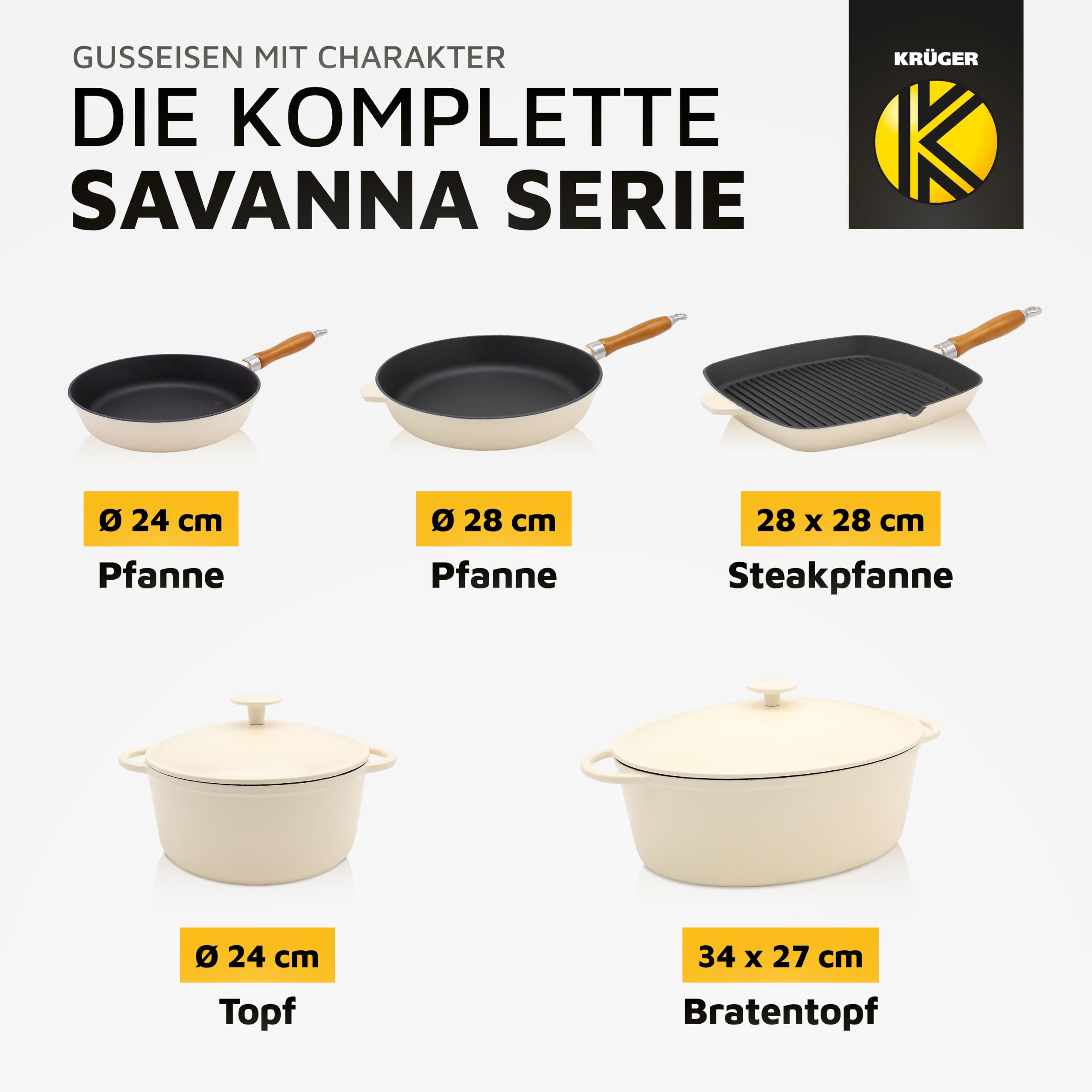 Krüger Gusseisen Schmortopf Savanna Ø 24 cm 4 L | Brotbacktopf creme matt | Massiver Vollguss-Eisen 4,6 kg | Ofenfest bis 240 °C | Brotbacken & Schmoren | Alle Herdarten inkl. Induktion | PFAS-frei