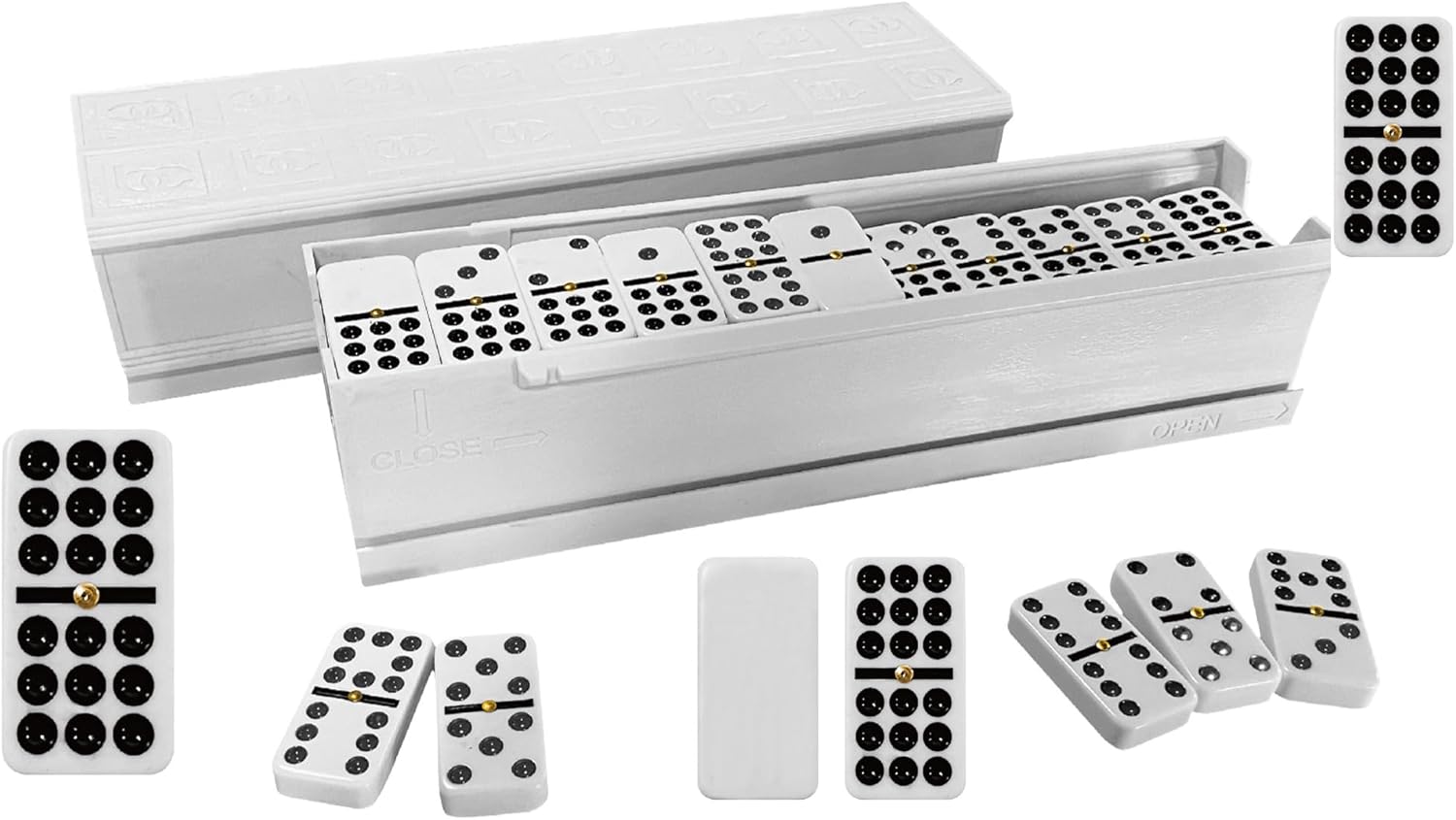 Bene Casa Double 9 Dominoes – 55 Handcrafted Tiles with Brass Spinners – 4 Domino Trays Included – Durable Atrylis White Box for Storage & Play – Premium Quality Set.